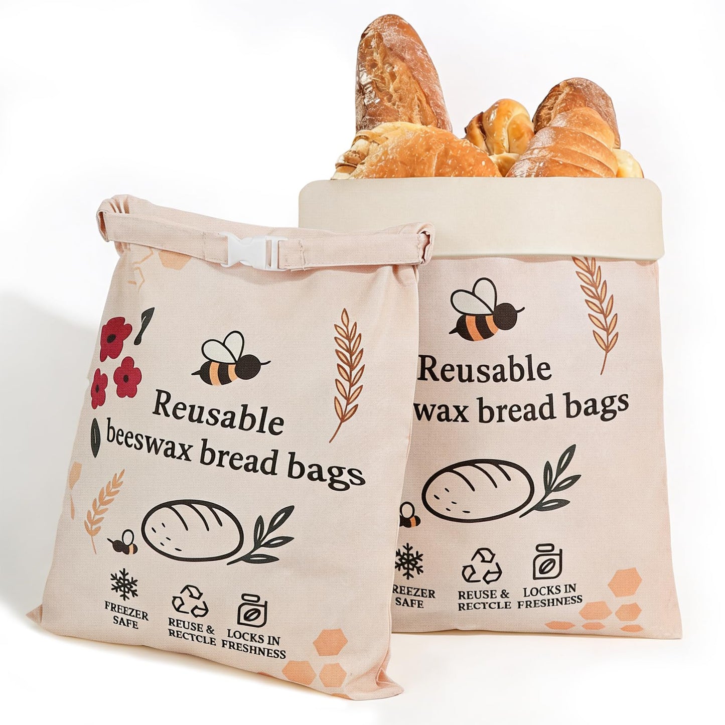 2 Pack XL Reusable Beeswax Bread Bags for Sourdough Baking, Organic Waxed Lined, Cotton Bread Bags for Homemade Bread, Food-Storage Bag to Keep Fresh