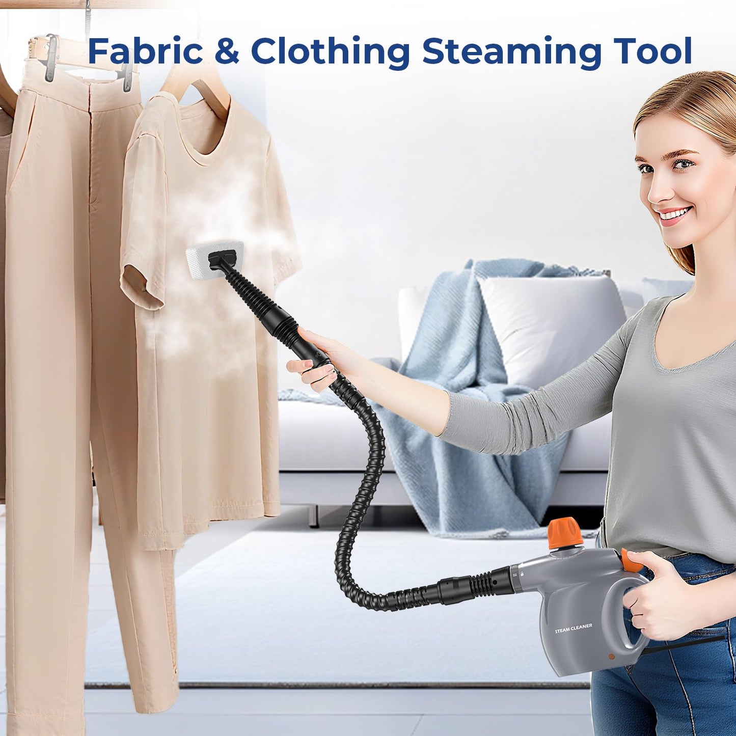 Steam Cleaner, Pressurized Handheld 13pcs Multi-Purpose Natural Deep Cleaning Steamer, Portable Steamer for Cleaning Home, Grout, Kitchen, Car, Window, Upholstery, Bathroom and Clothes, Gray