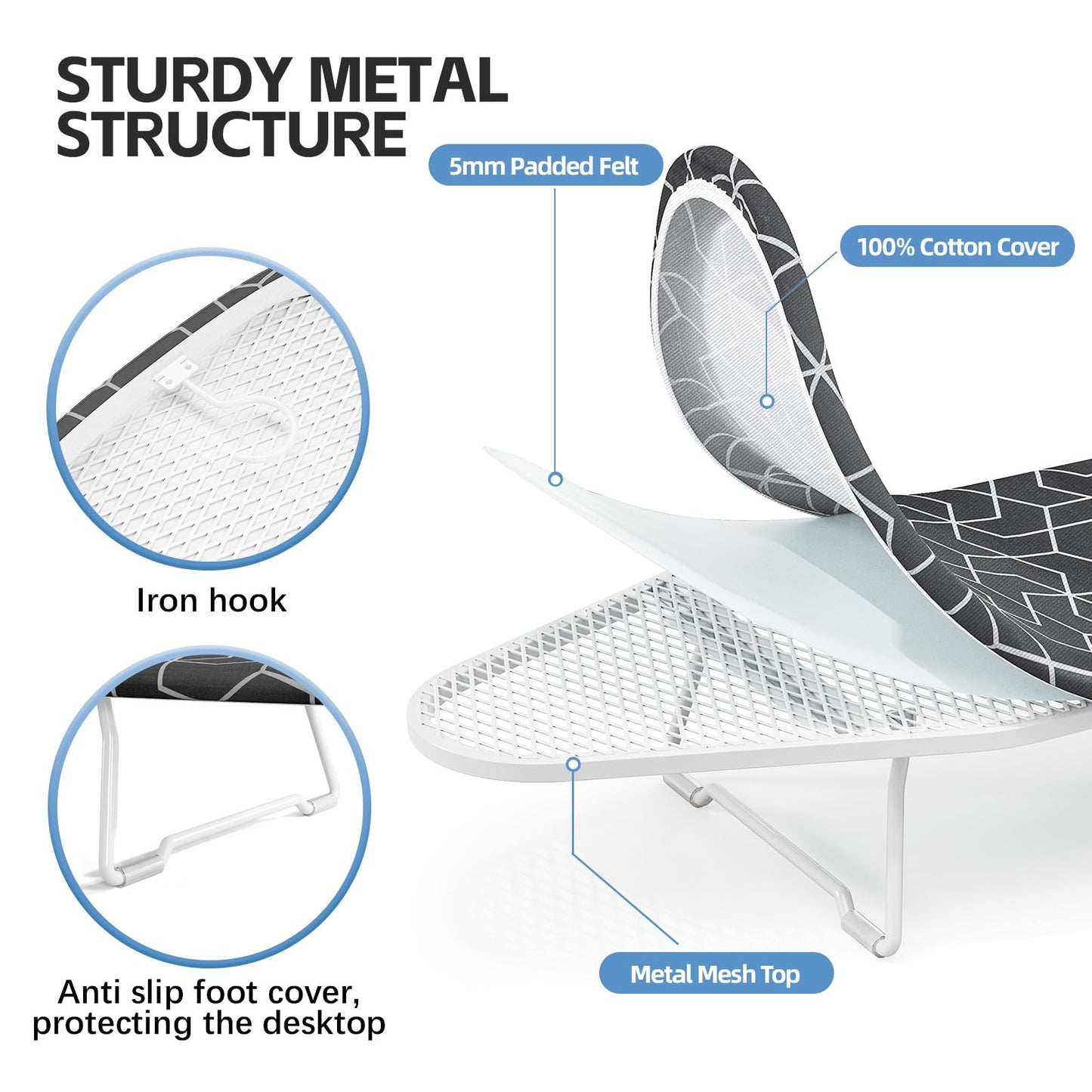 12”×30” Small Ironing Board top with Heat Resistant Cover, Compact Mini Ironing Board with Metal mesh Frame,for Dorm,Apartment and Travel, Hook for Hanging, Iron Board, Iron Table Stand Dark Gray
