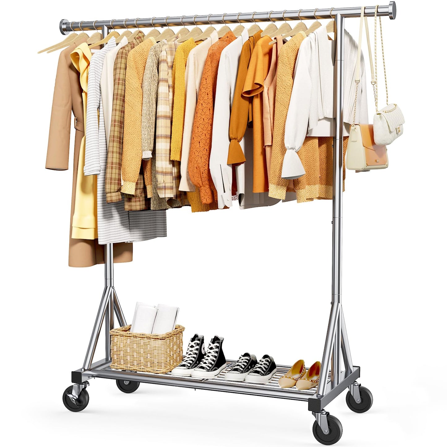Sakugi Heavy Duty Stainless Steel Rolling Clothes Rack with Mesh Shelf, Lockable Wheels & Anti-Slip Stoppers, Large Capacity Clothing Organizer for Bedroom, Laundry Room, 42.5" x 16.5" x 65.9", Silver