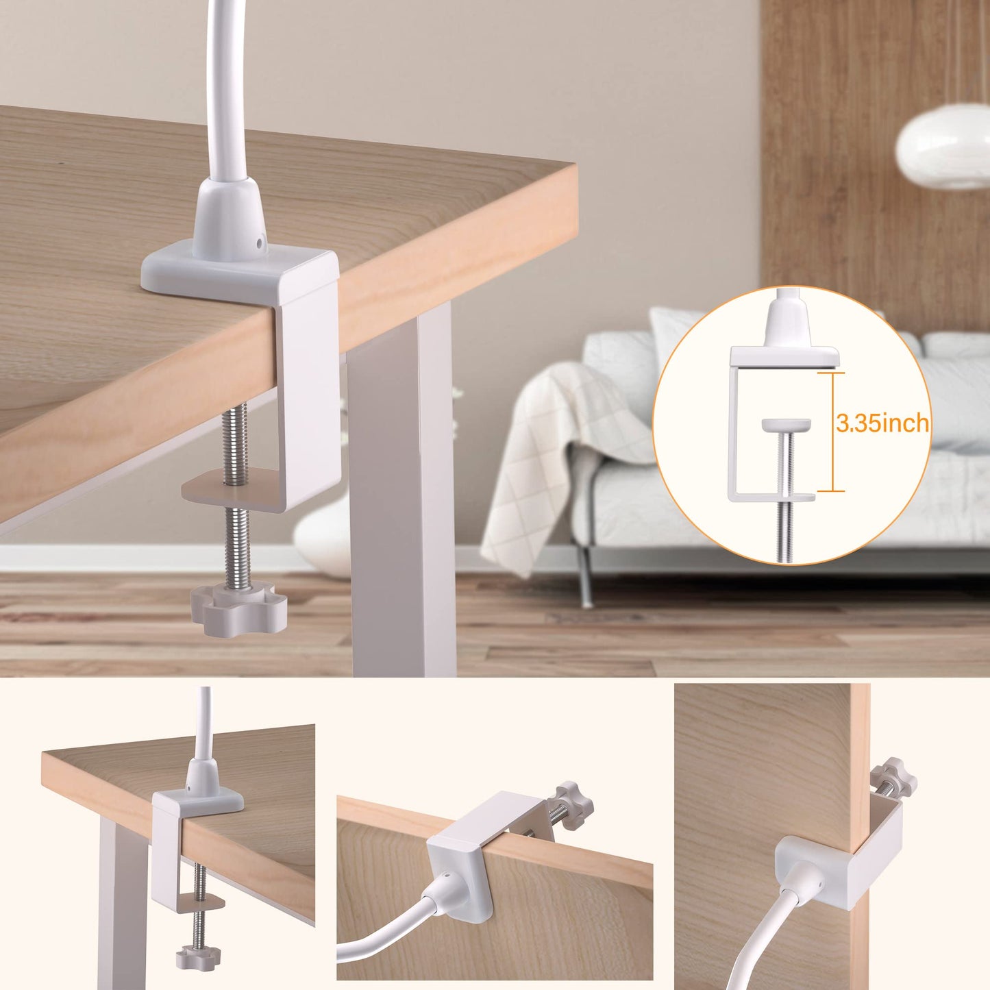 LED Desk Lamp With Clamp, 10W Gooseneck Lamps Touch Control,Swing Arm Clamp Lamp, Architect Clamp Desk Lamp Dimmable,Nail Lamp for Desk Table (White)