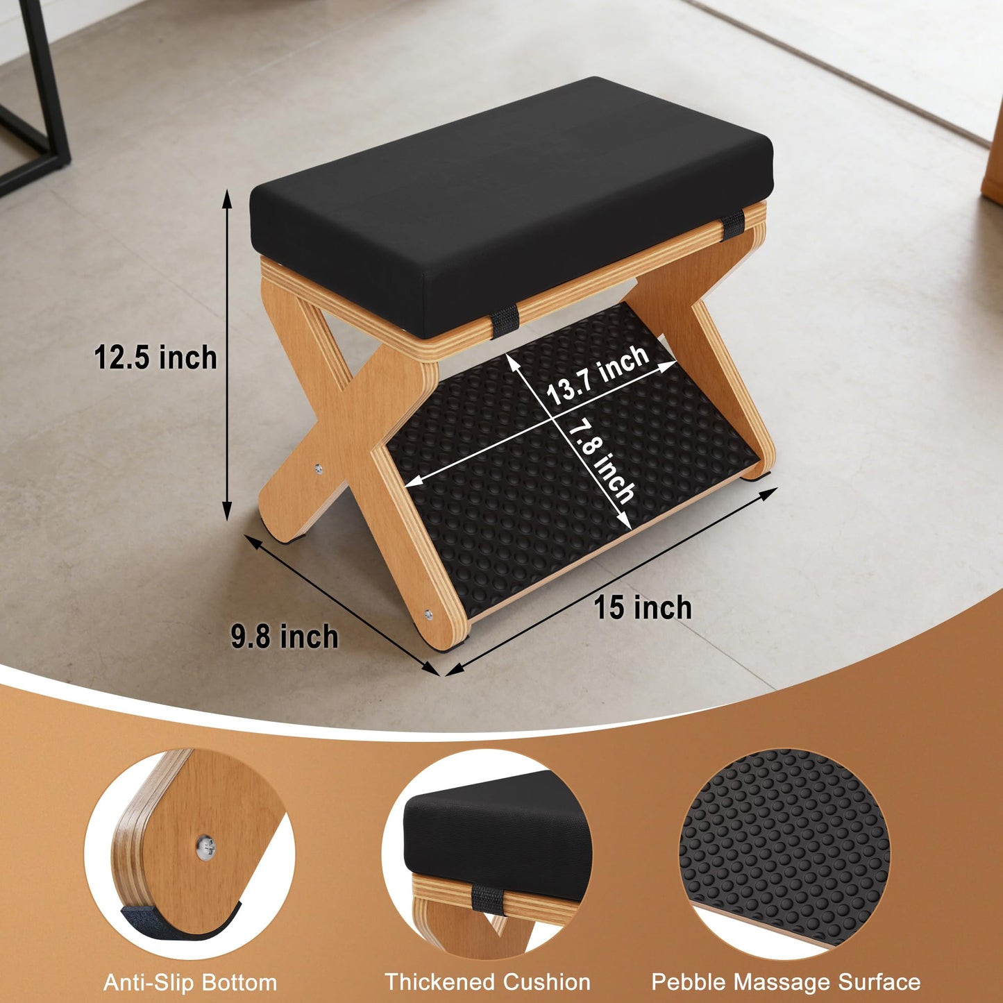 WWMFS Wood X-Legs Foot Stool Ottoman, Multi-Purpose Small Ottoman with Pebble Massage Surface and Non-Slip Foot Pads，Sturdy Solid Wood Frame Padded Seat Footrest for Office，Living Room & Bedroom