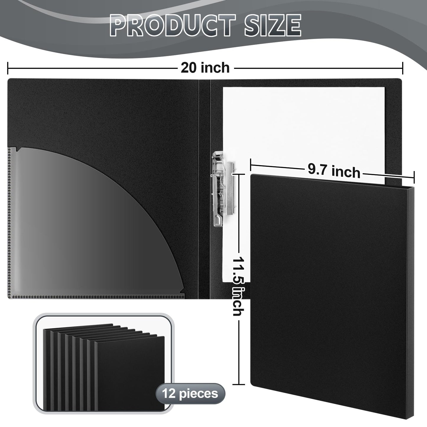 Teling 12 Pack Punchless Clamp Binder Folder 8.5 x 11 Inch Ringless Binder Holds with Pocket, Flexible Metal Clip and Poly Covers, 100 Letter Size Pages, for Work, School(Black)