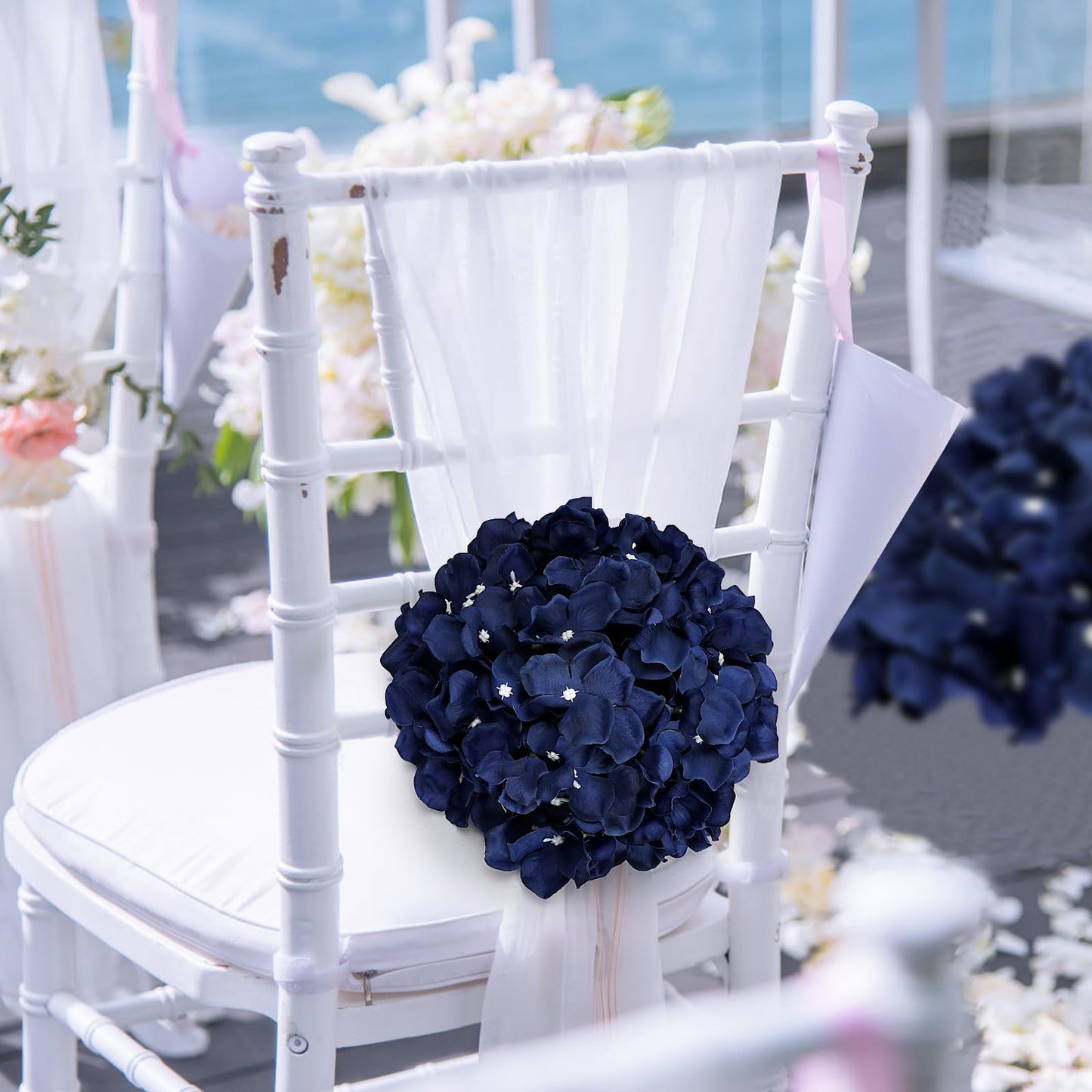 DIYDOFUN Hydrangea Flower Balls for Centerpieces - 12 PCS Artificial Floral Arrangement with Base, 8.27 Inch Diameter Fake Silk Kissing Ball for Wedding Table Home Party Decor - Navy Blue
