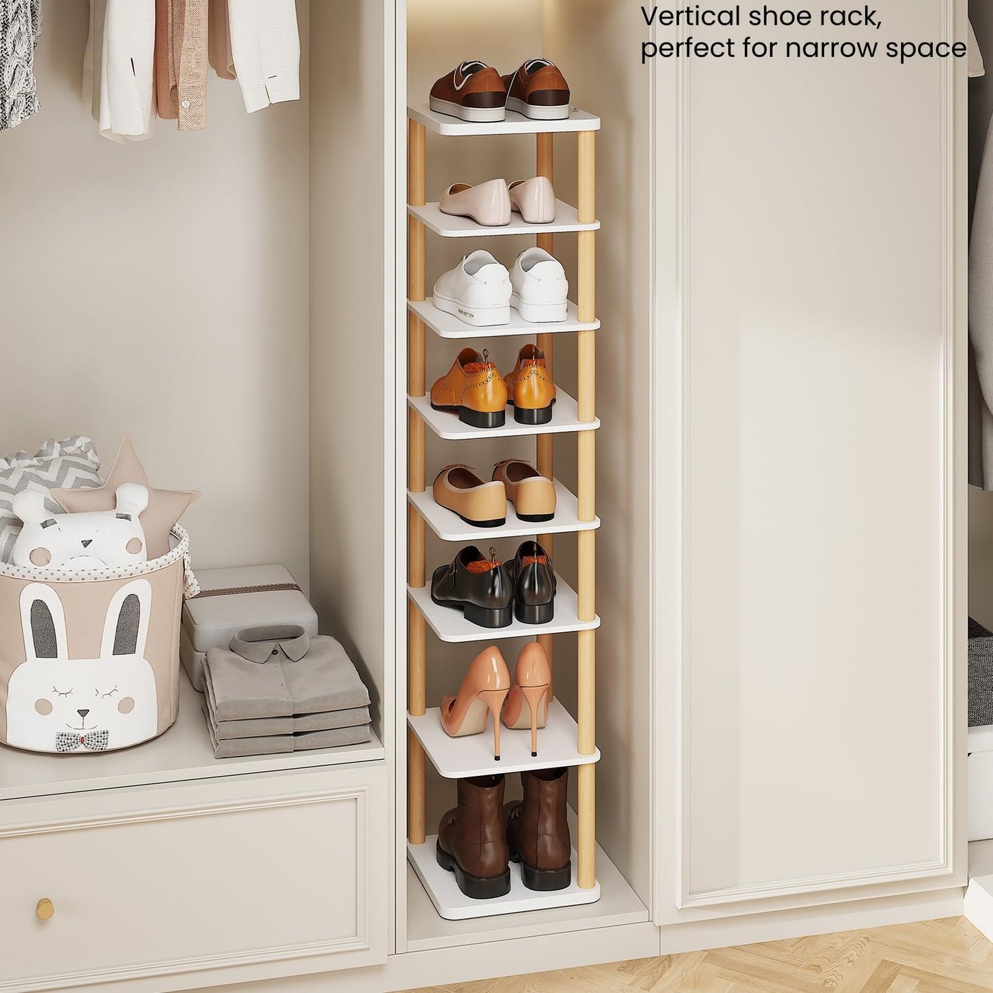 LUCKNOCK Vertical Shoe Rack, 8-Tier Tall Narrow Shoe Organizer for Entryway, Closet, Dorm & Small Spaces, Freestanding Wooden Shoe Shelf Tower for Boots, Sneakers, Heels. (White)