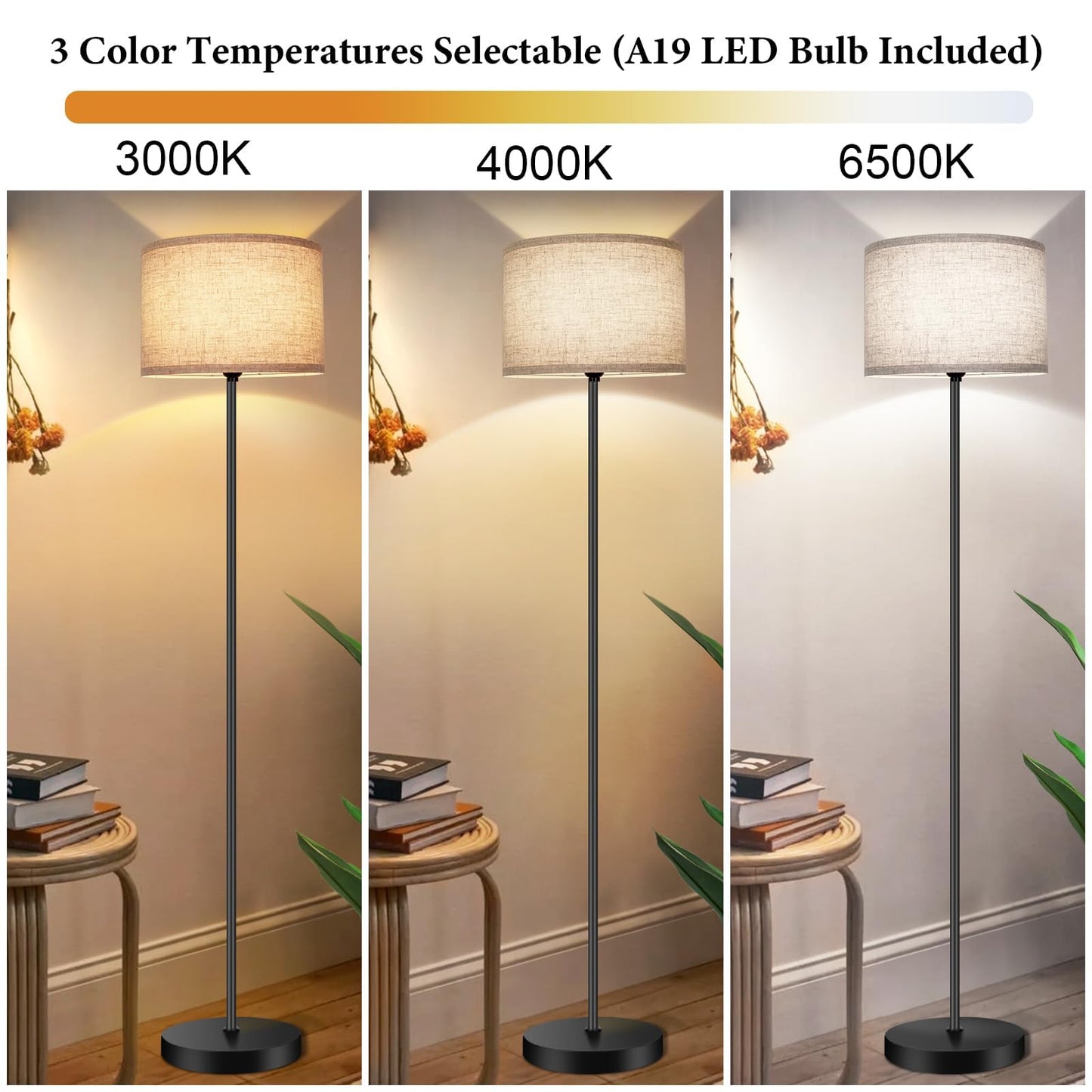 TOBUSA Floor Lamp for Living Room Bedroom with 3CCT LED Bulb, Modern Standing Lamp Drum Shade, 65’’ Tall with Foot Switch Black Pole, Dimmable Simple Design Stand Up Lamp for Home Office Reading