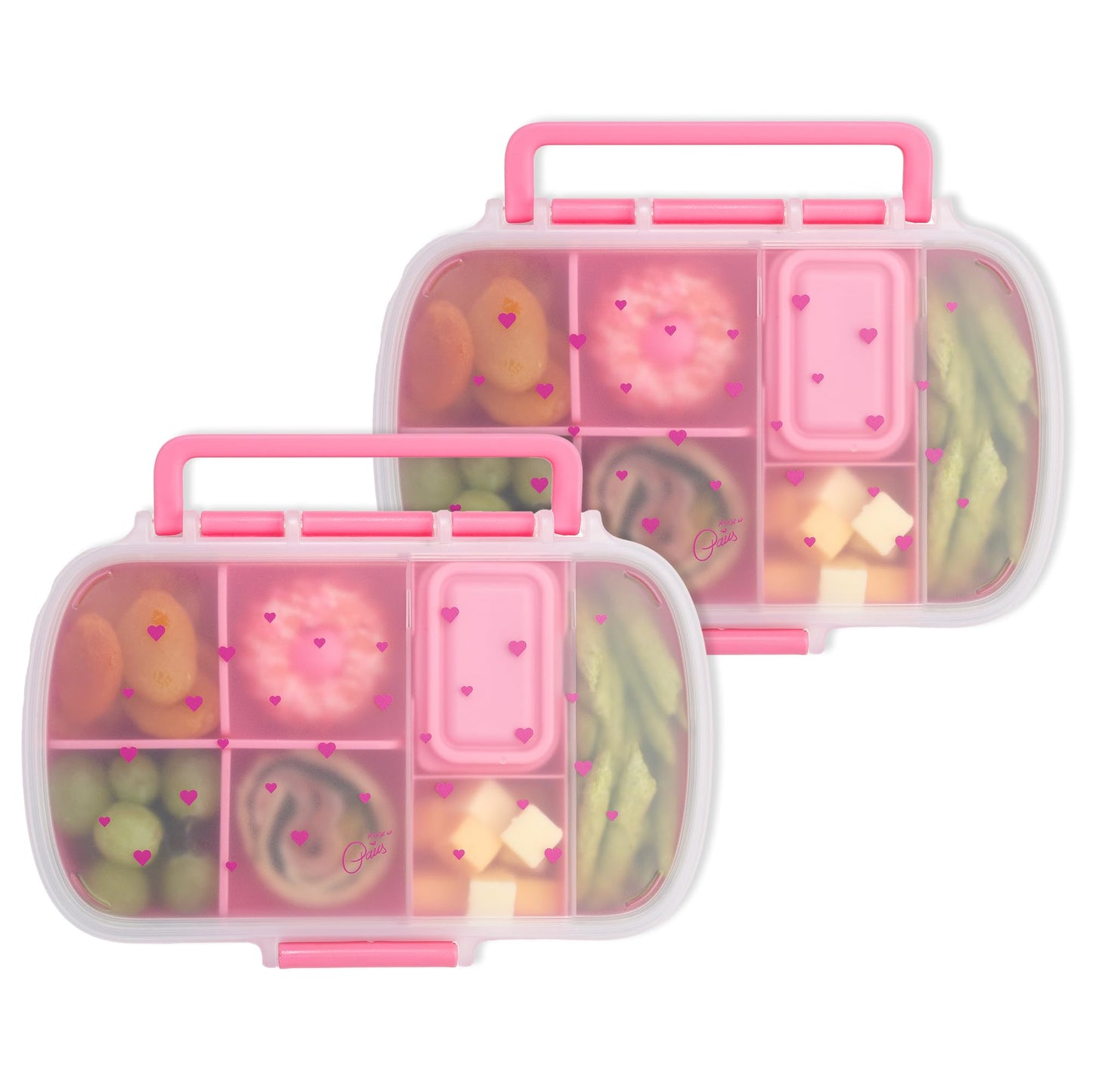 Paris Hilton 2-Pack Bento Style Snack Boxes, 7-Compartment Lunch Containers with Built-In Phone Stand, Removable Dividers and Dip Containers, Pink Heart Print