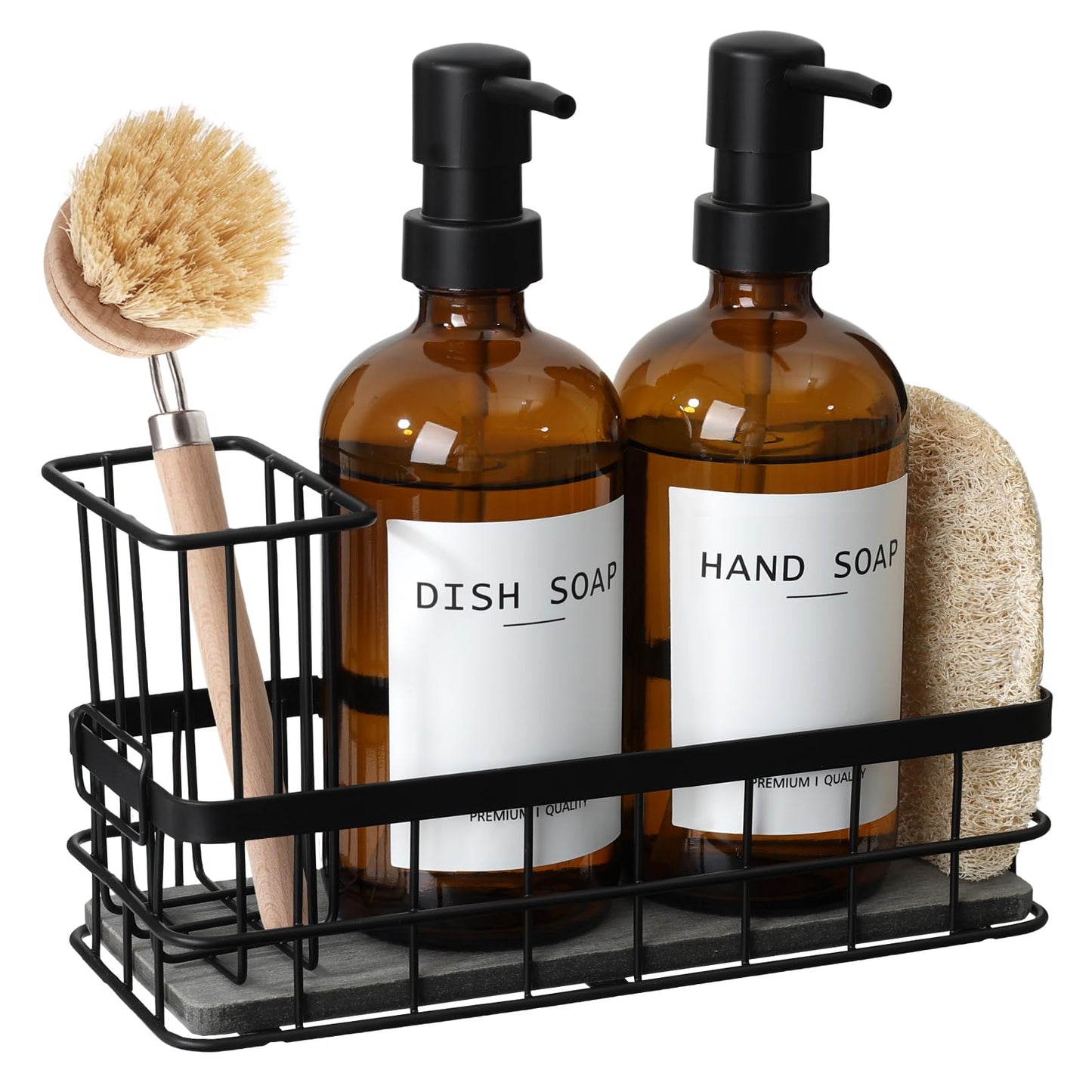 Dish Soap Dispenser for Kitchen, 16.9 fl oz Amber Hand and Dish Soap Dispensers, Kitchen Soap Dispenser Set with Sponge Holder, Brush Holder and Loofah Sponge, Countertop Sink Organizer Accessories