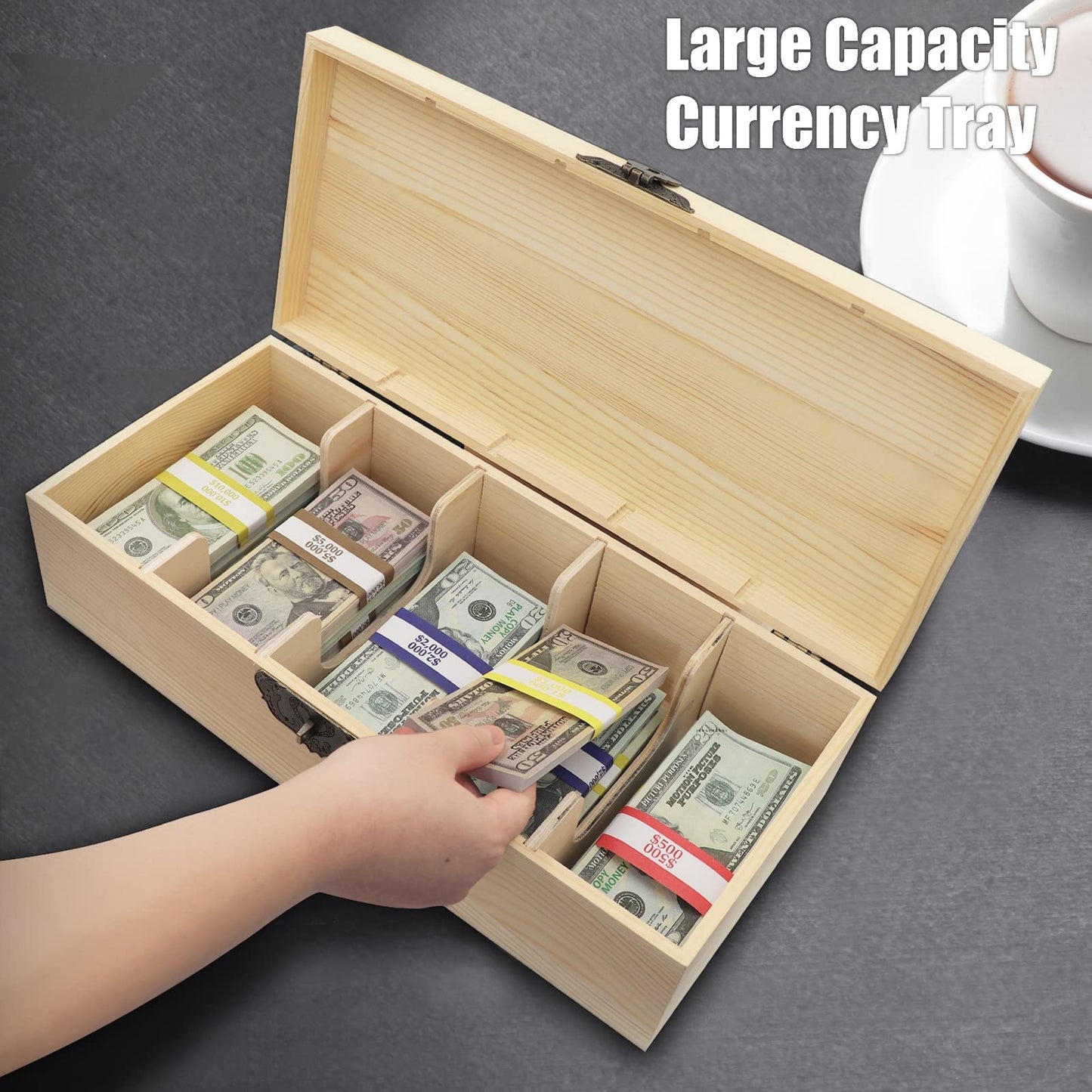 Mczxon Wooden Locking Currency Money Cash Tray with Coin Tray, 5 Compartment Wooden Cash Money Currency Organizer Storage Change Box Case Holder Moneyboxes with Lockable Cover 300 Money Wrappers