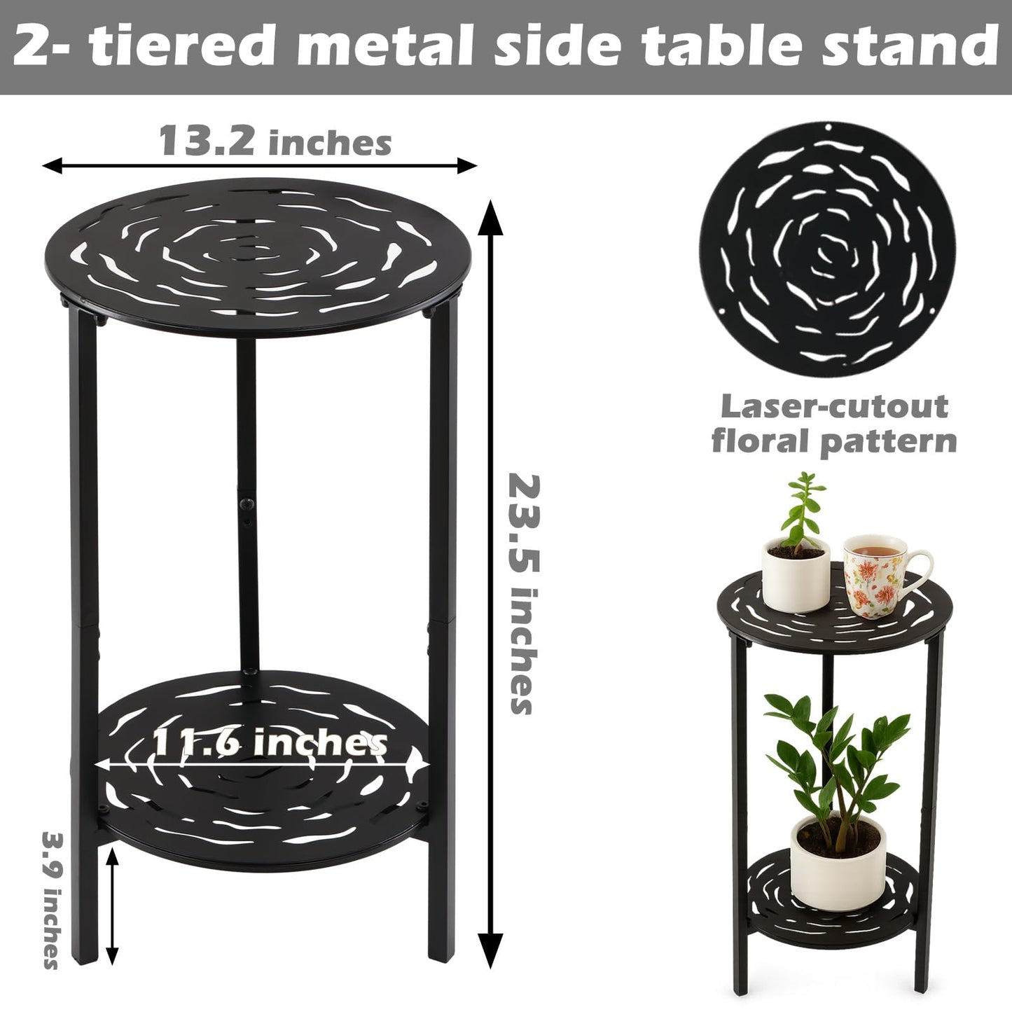 lucpur 2-Tier Metal Round Side Table Black Accent Coffee Tables Small Space Corner Plant Stand Shelf for Indoor Outdoor Use Patio Balcony End Table Laser-Cut Floral Pattern Weather-Resistant