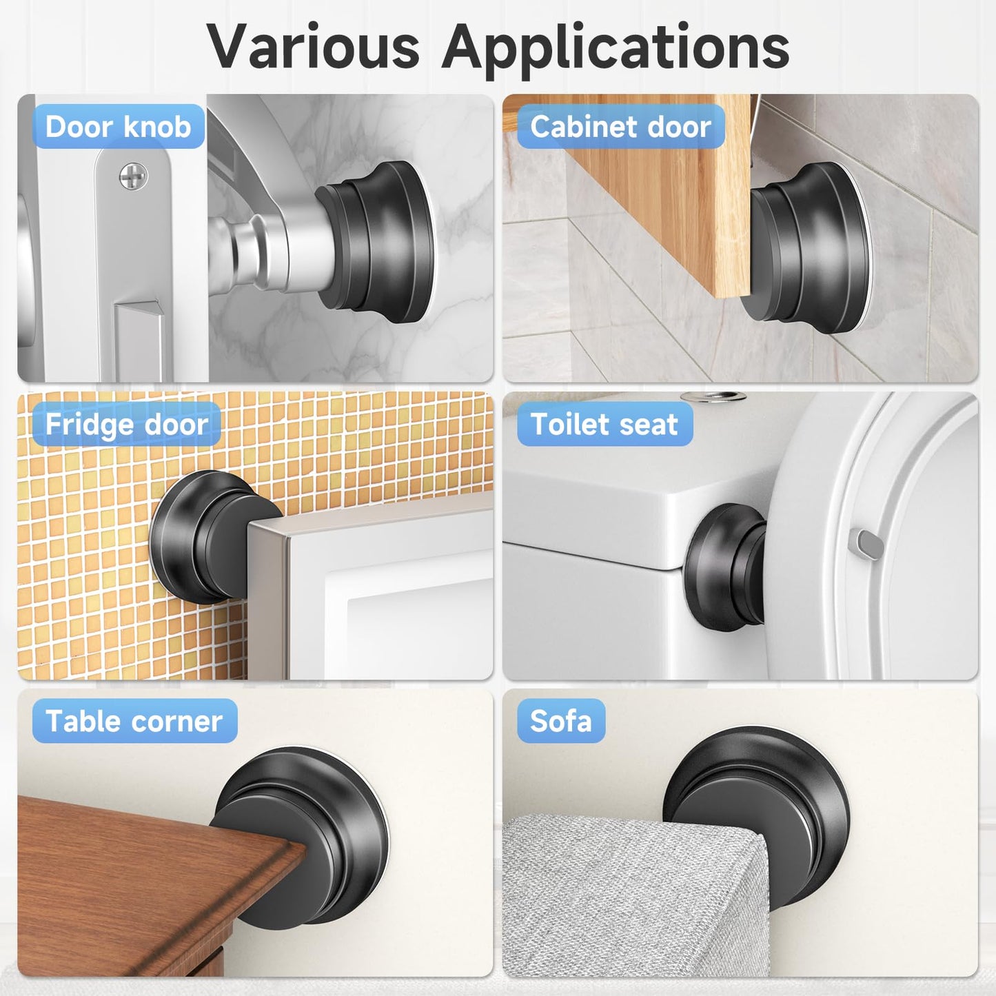 6PC Door Stoppers for Wall, 1.65 x 0.9 Inch Door Knob Wall Protector with Silicone & Aluminum Alloy, Adhesive & Screw Mounting Door Bumper for Home & Office Walls, Black