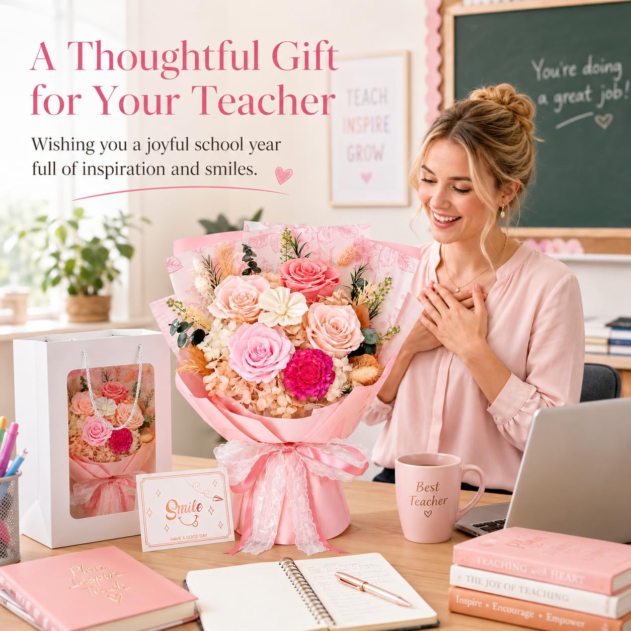 Pink Preserved Flowers Bouquet, Eternal Real Flower for Women Real Roses That Last 3 Years Handmade Floral Arrangement for Mother's Day Birthday Gifts Anniversary Surprise for Mom Women Her