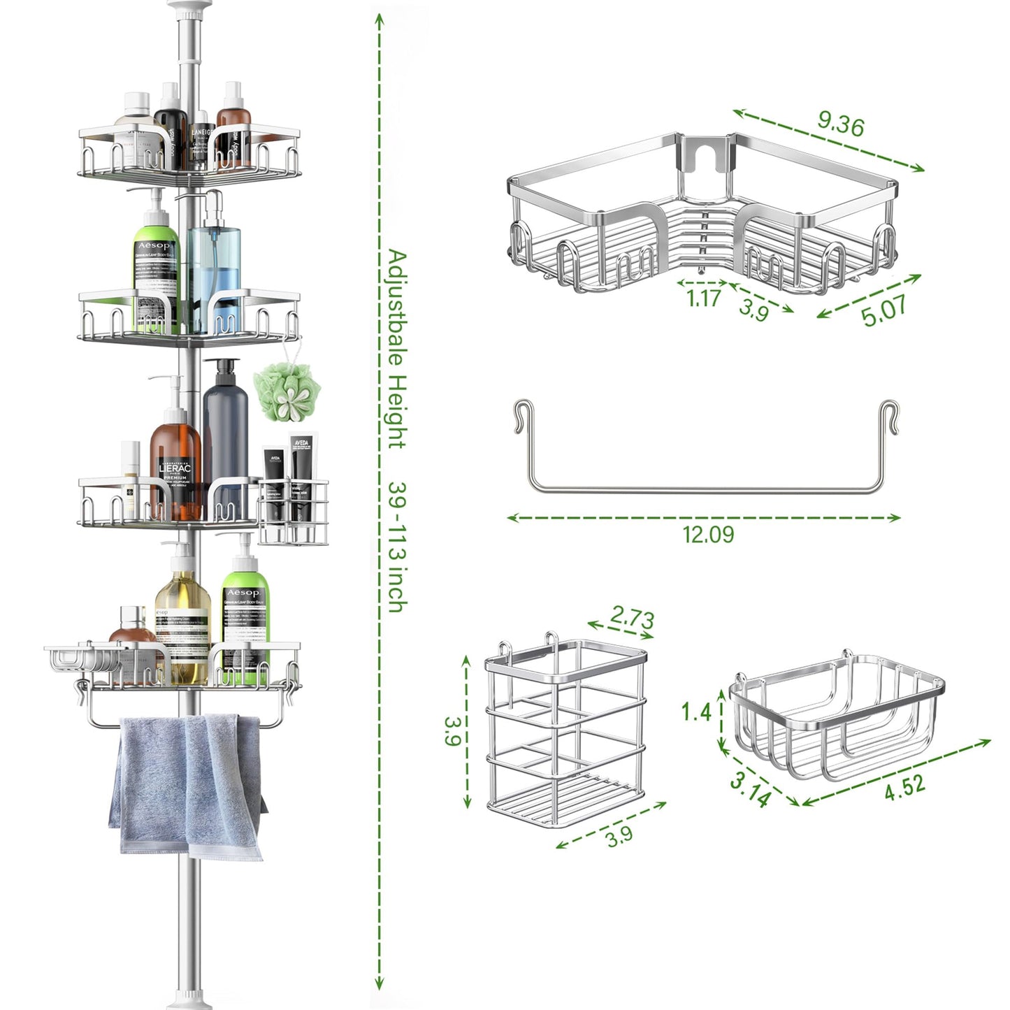 Clothink Corner Shower Caddy Tension Pole 4 Tier Adjustable Stainless Steel Shower Shelf for Inside Shower Bathtub Shampoo,Standing Bathroom Organizer Shelves with 39 to 113 inch Height