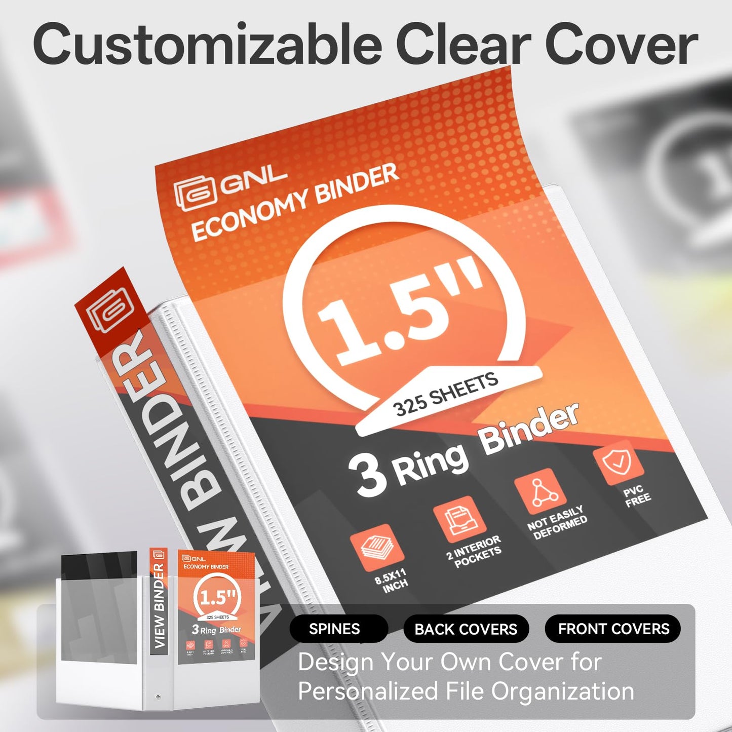 GNL 1.5 Inch 3 Ring Binders Economy 10 Packs White, 1 1/2" Three Ring (Fits 325 Sheets of 8.5x11 Paper) Clear View PVC-Free & Non-Stick for School or Office Supplies