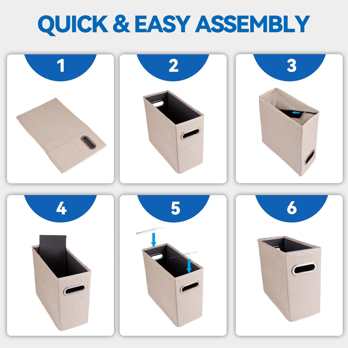 ComfortKeeper 6 Pack Letter Size File Storage Box Collapsible，Fabric Hanging File Folders Organizer, Portable Office Document Holder with Metal Handle, Smooth PVC Rails, Beige