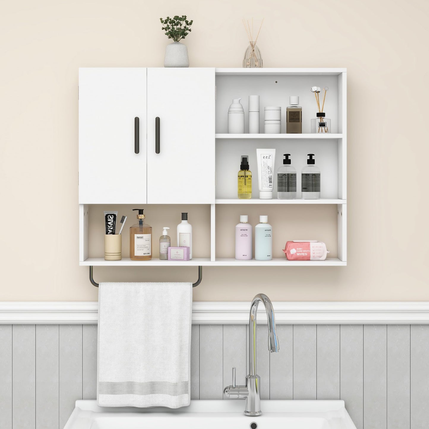 Vavkorkula Medicine Cabinet, Wooden Bathroom Wall Cabinet with 2 Doors, Adjustable Shelves & Towel Bar, Over Toilet Storage Cabinet Wall Mounted for Kitchen & Laundry, White