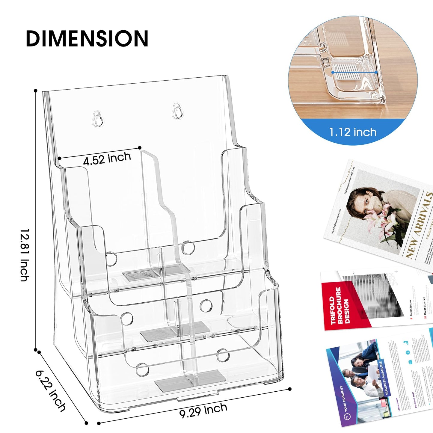 KTRIO Acrylic Brochure Holder 8.5 x 11, 3 Tier Literature & Pamphlet Organizer with Removable Divider for 4 Inch Flyers, Clear Display Stand for Desk & Wall Mount, 2 Pack