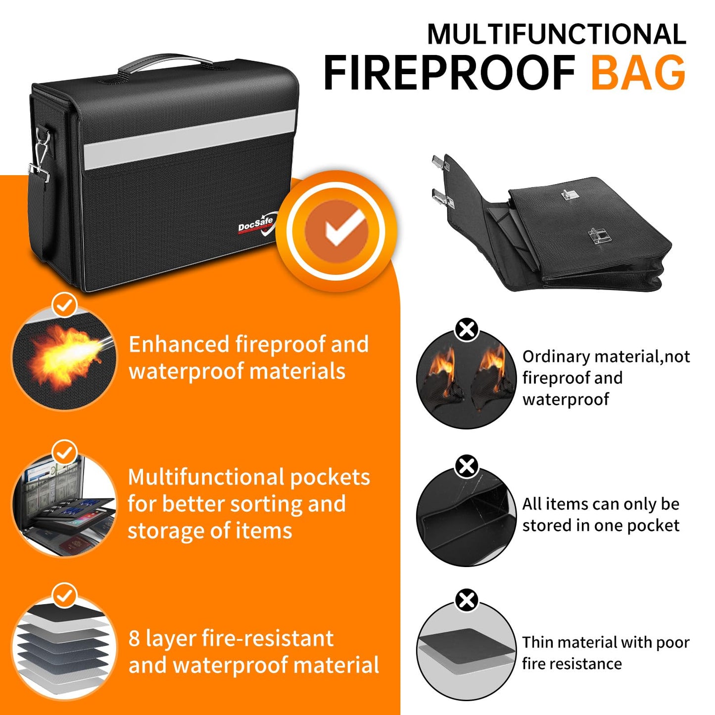DocSafe Fireproof Document Bag with Multiple Pockets,5200°F Large (17”x12.5”x7.2”) File Organizer Fireproof Waterproof Bag Important Document Holder Home Office Portable Filing Storage for Valuables