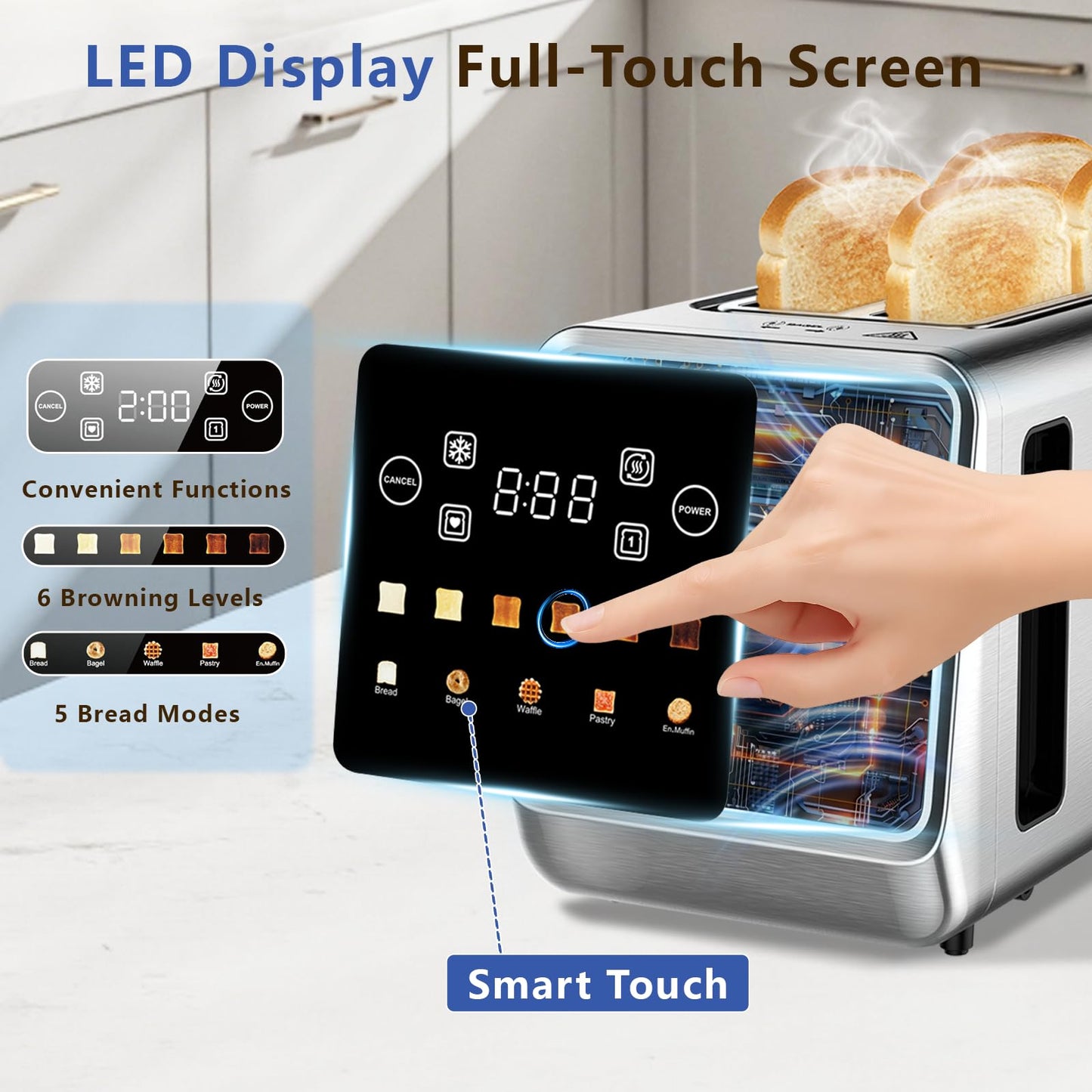 SAKAMOSH Touch Screen Toaster 4 Slice, Smart Digital Toasters with LED Display & Timer, Extra Long Wide Slots for Bagels, 6 Browning Levels & 5 Bread Types, Memory Function, 1400W, Stainless Steel