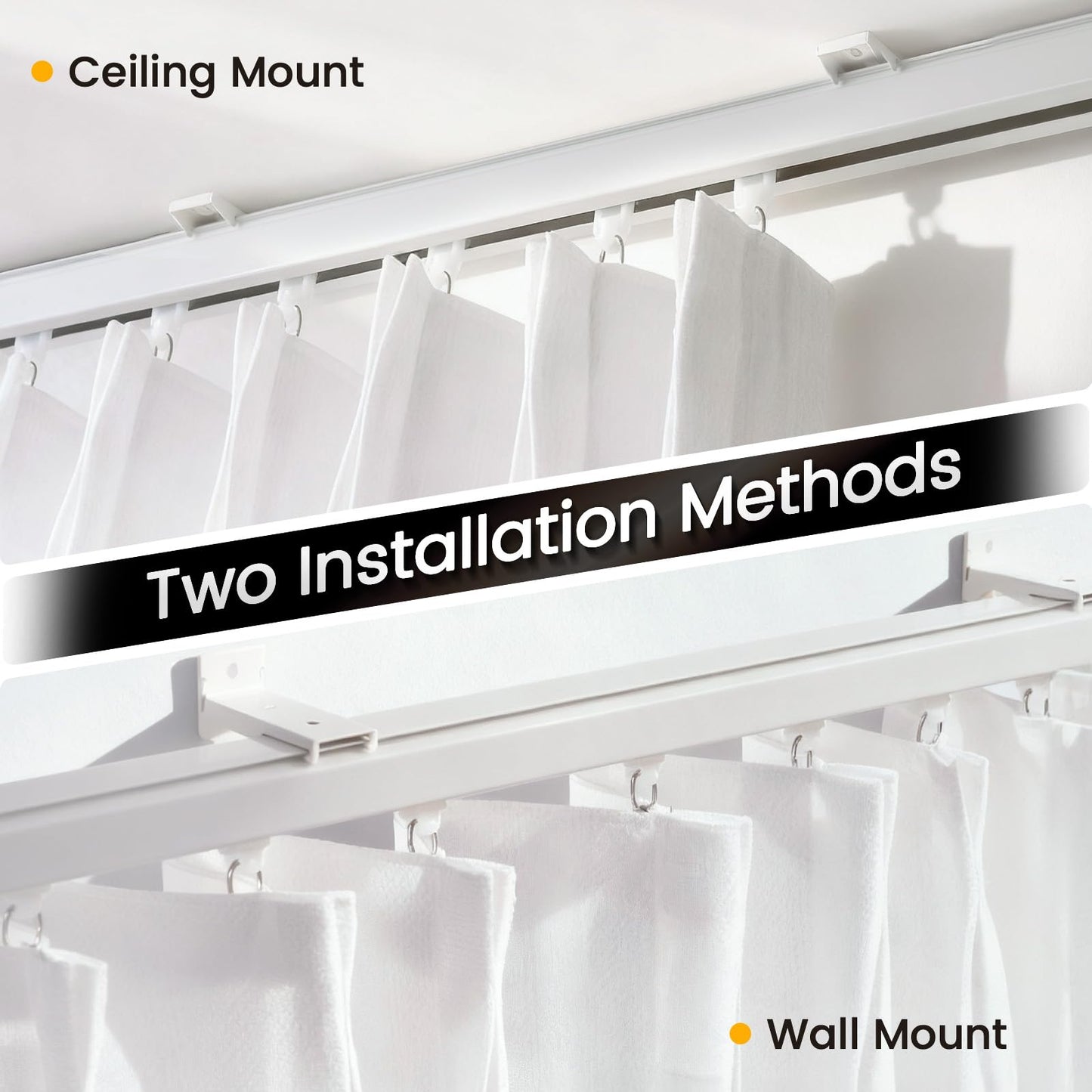 Aluminum 9 ft–12 ft Ceiling Curtain Track Set with 3 Types of Hooks, Adjustable Ceiling/Wall Mount Room Divider Curtain Rail System for Living Room, Bedroom, White