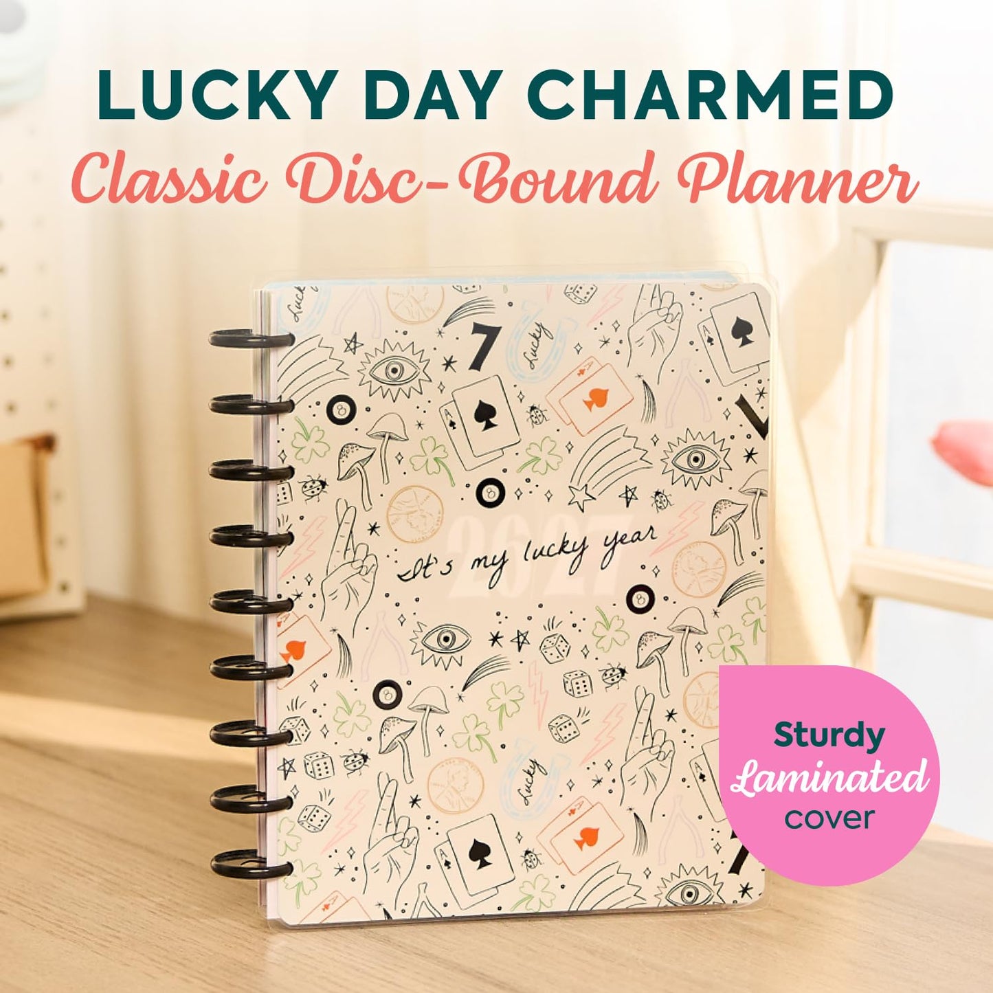 Happy Planner Disc-Bound Planner July 2026–Dec. 2027, 18-Month Planner, Classic Size, 7" x 9.25", Horizontal Layout, Lucky Day Charmed