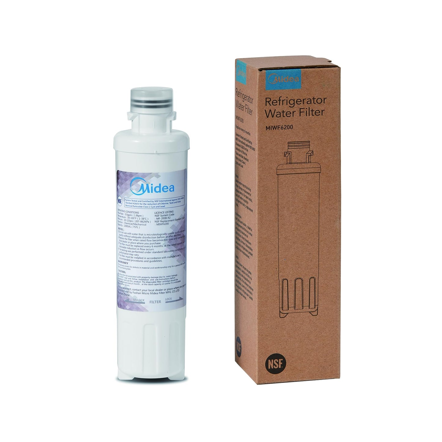 Midea MIWF6200 Twist-in Refrigerator Water Filter, 200 Gallon, Compatible with Midea Side-by-side Refrigerators MRS26D7AST/ MRS26D5AST/ MRQ22D7AST