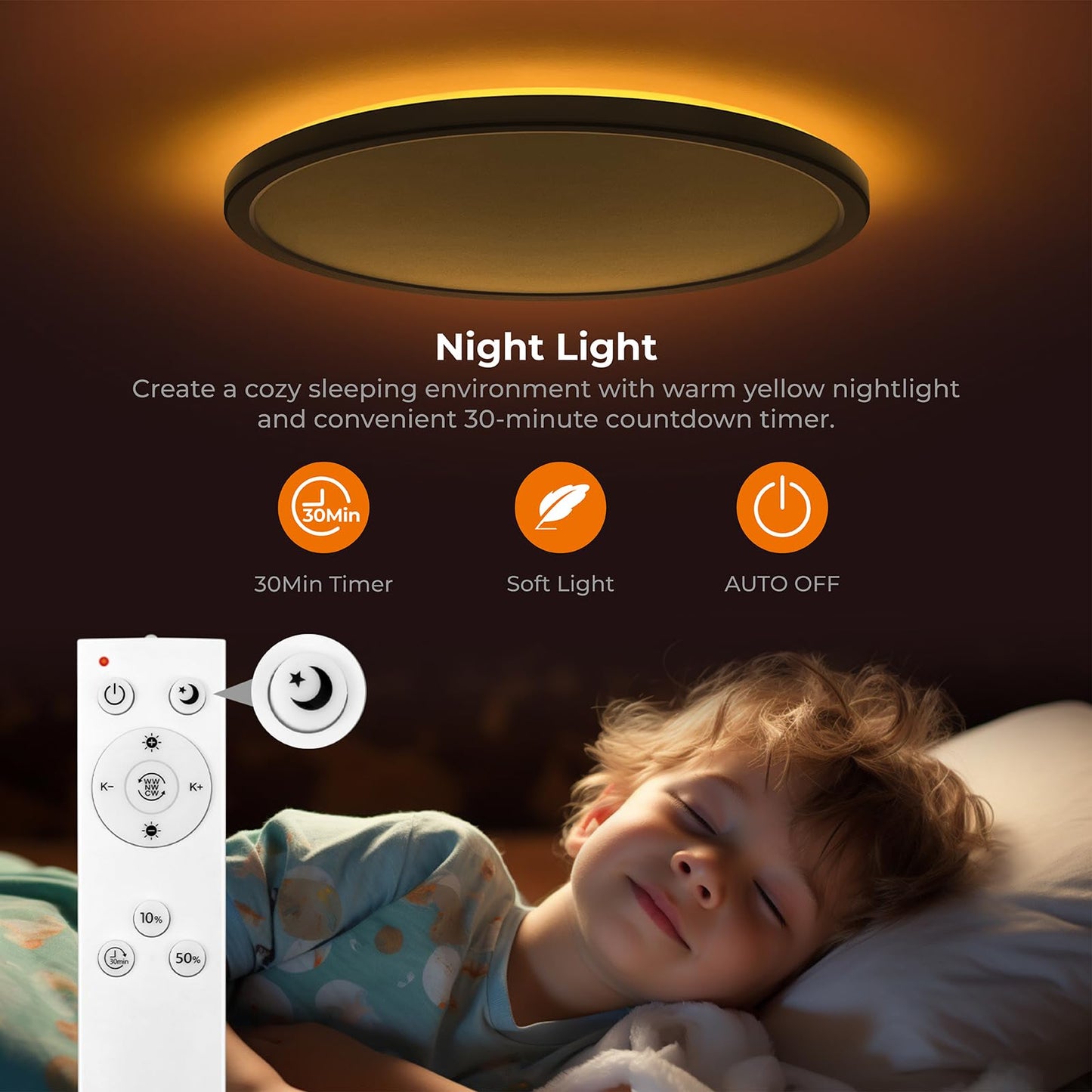 Matane 15.4in LED Flush Mount Ceiling Light Fixture with Remote, 2000K Warm Nightlight, Dimmable 3000K-6500K Low Profile Ceiling Lights for Bedroom, Living Room, 3600LM Black
