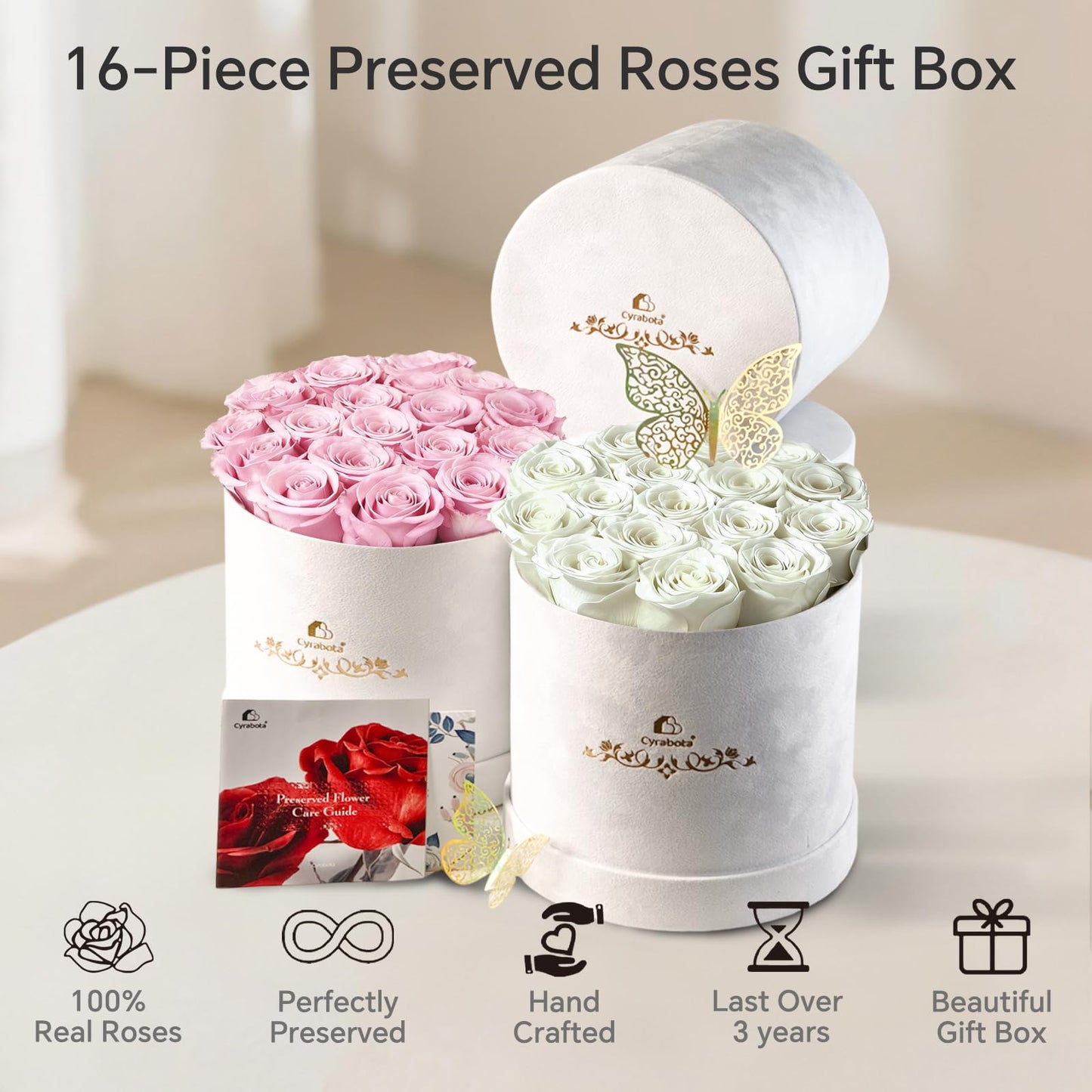 Cyrabota 16 Pink Preserved Flowers in Round Gift Box, Forever Flowers Eternal Roses for Mother's Day, Birthday, Anniversary, Valentine's Day Gifts for Women Light Pink