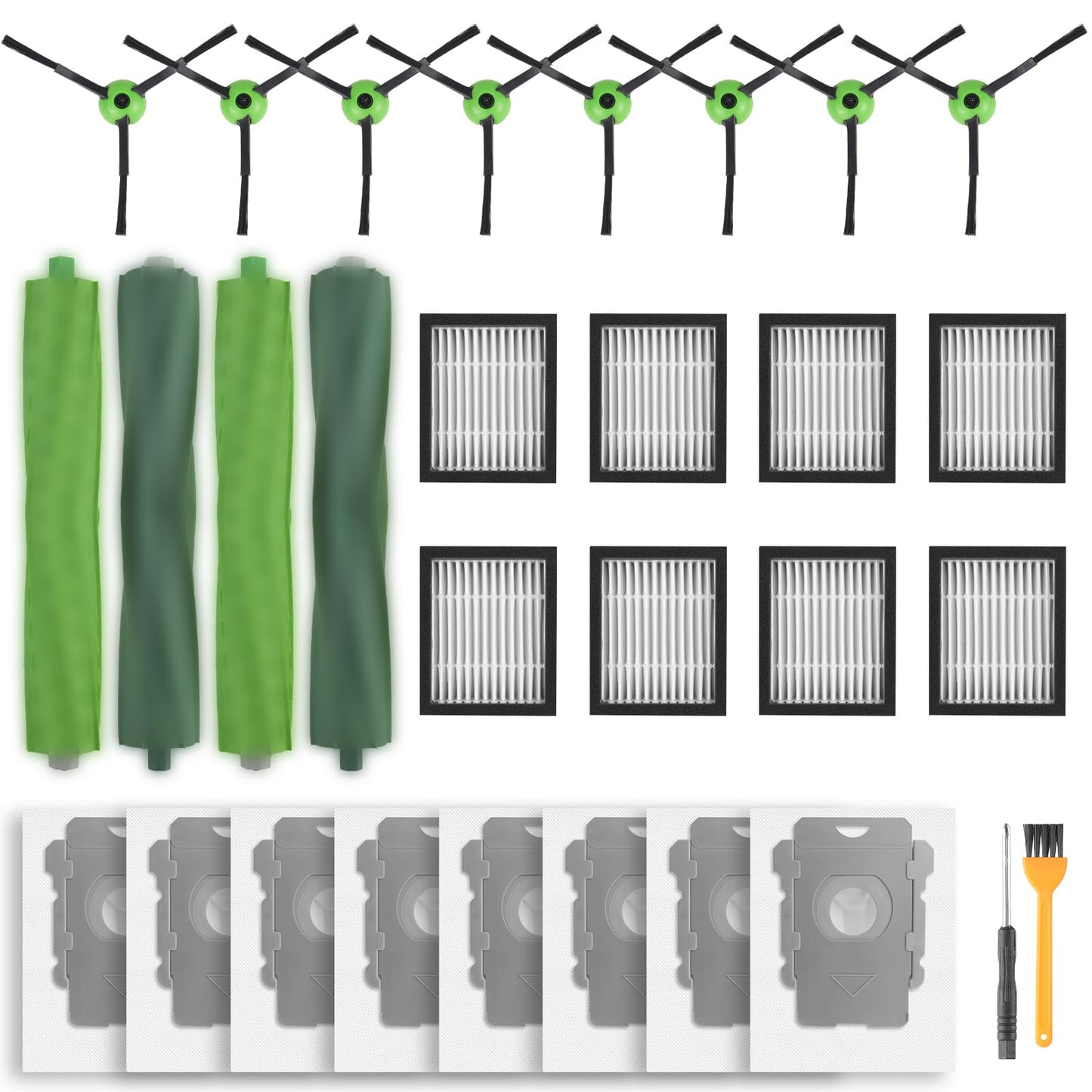 Aomiduo Replacement Parts for iRobot Roomba i2 i3 i3+ i4 i4+ i6 i6+ i7 i7+ i8 i8+/Plus E5 E6 E7, Robot Vacuum Accessories, 2 Set Roller Brush 8 Filters 8 Side Brushes 8 Vacuum Bags