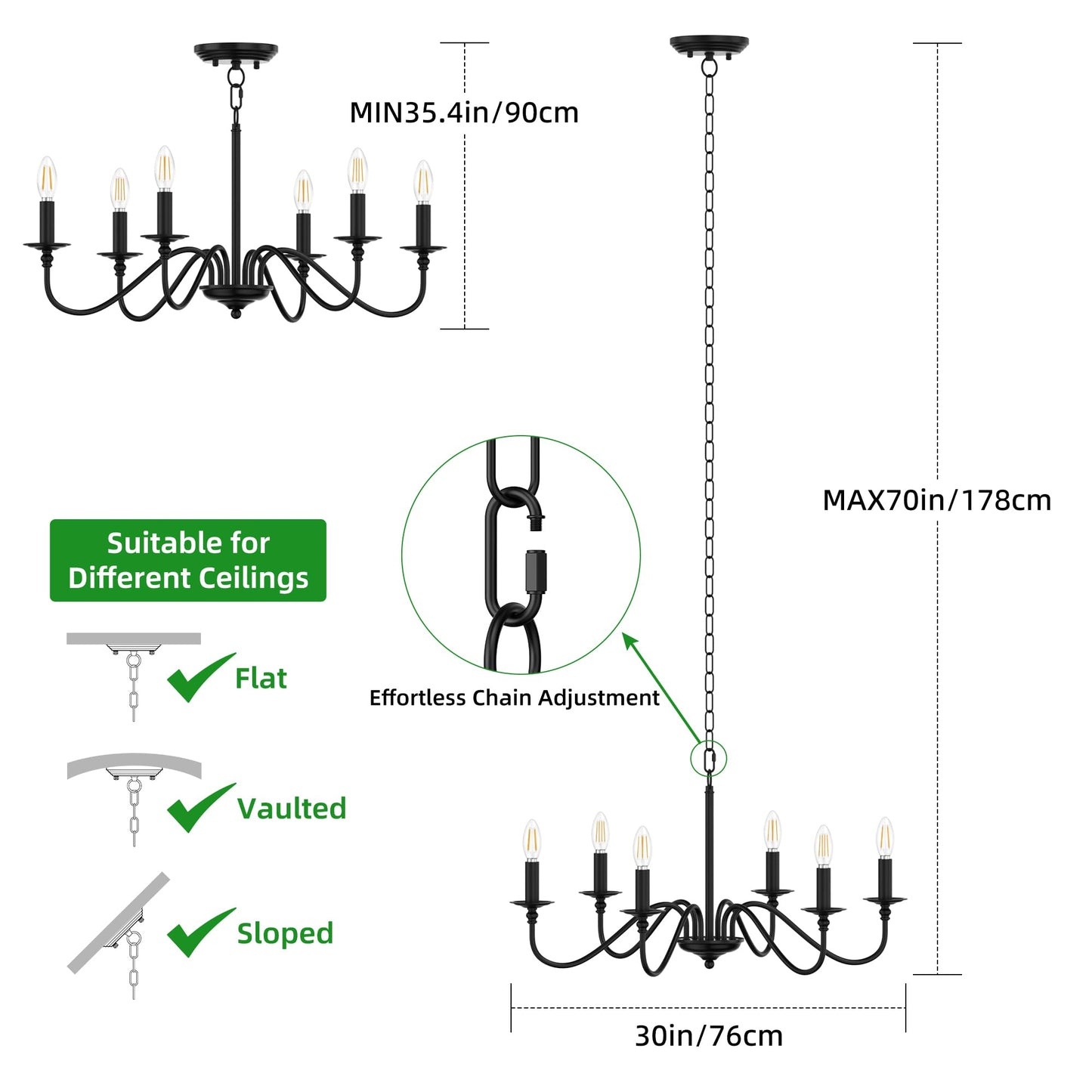 Phaosio Black Chandelier, 6-Light Farmhouse Candle Chandelier 29'', Rustic Industrial Hanging Light Fixture for Dining Room, Kitchen Island, Living Room, Entryway, Bedroom, Foyer