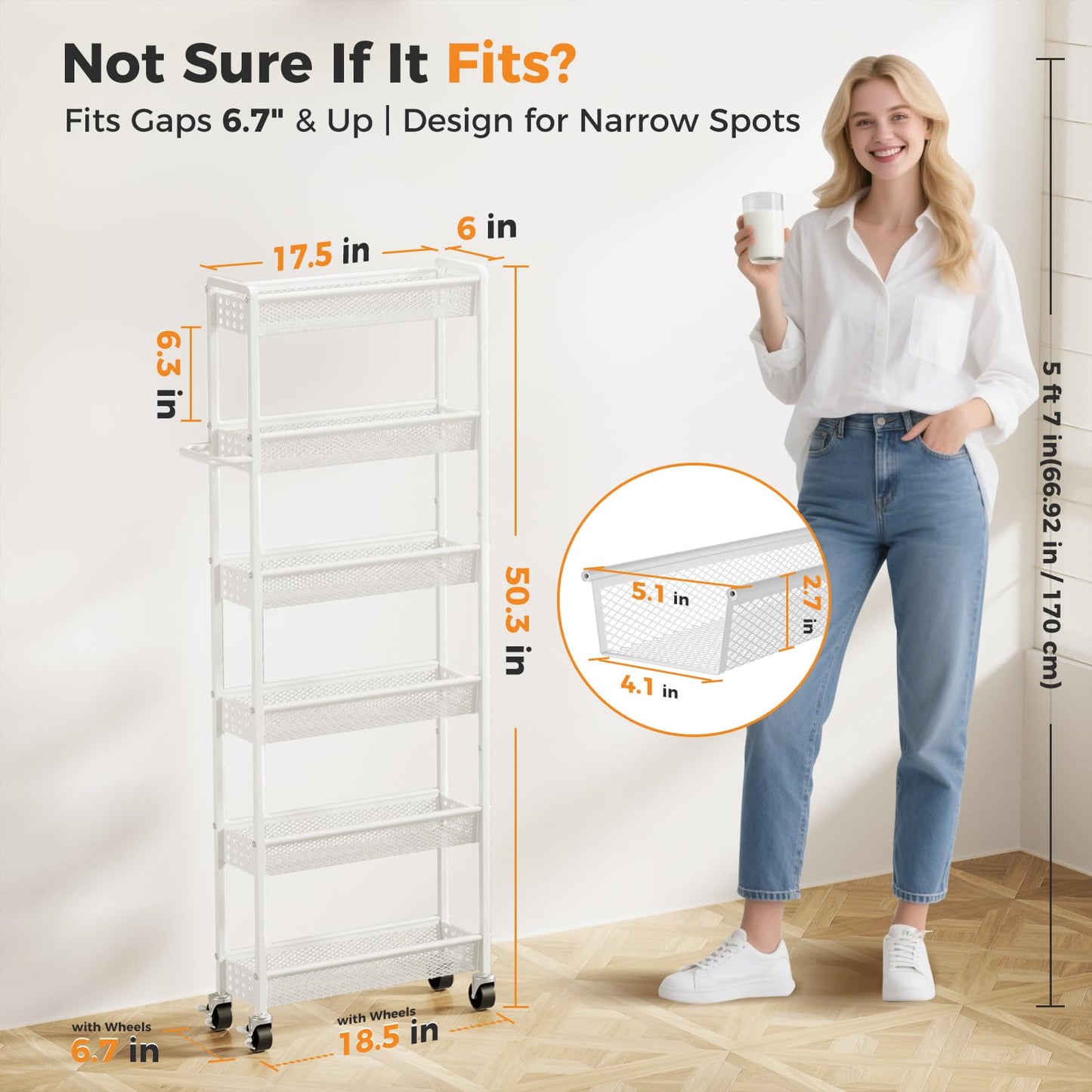Xpatee 6 Tier Slim Storage Cart with Wheels, 6" D Rolling Storage Cart for Small Space, Metal Narrow Spice Cabinet Mobile Shelving Unit Organizer with Handle for Kitchen, Laundry - White