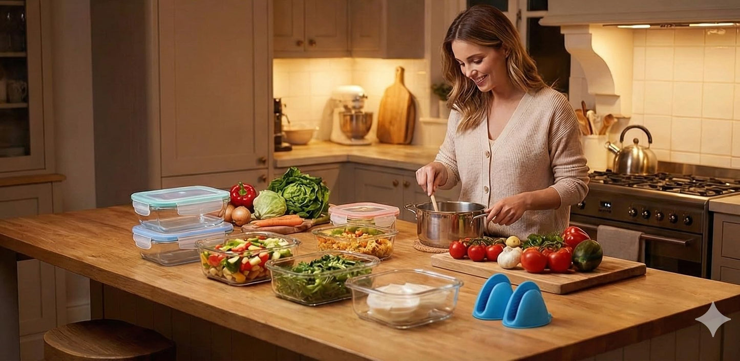 Bo-Toys 20 Pc Glass Food Storage Containers with Snap Lock Lids, Airtight & Leakproof, Bonus 2 Oven Silicone Gloves, Safe for Dishwasher, Oven, Microwave,Freezer, BPA Free