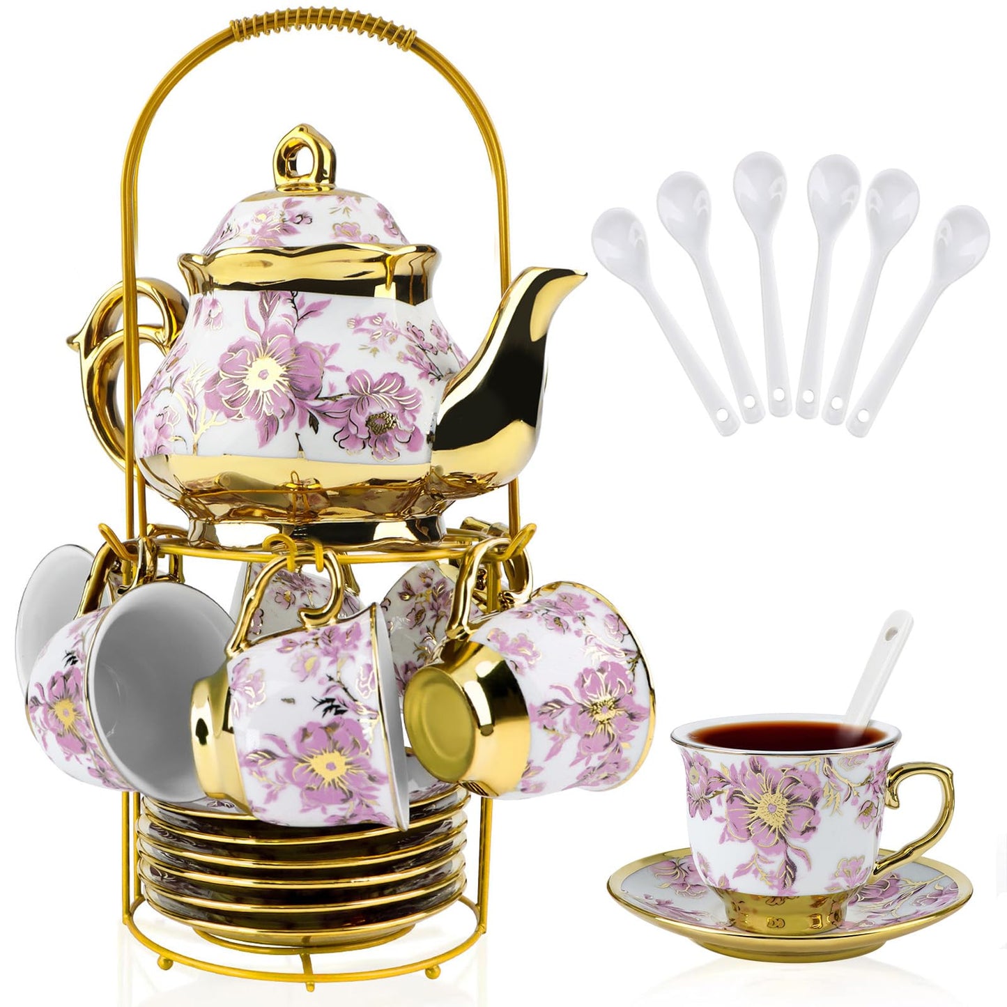 20 Pcs Porcelain Tea Set with Metal Holder, 700ml/23oz European Ceramic Tea Set for Adults, Adult Tea Set Gift, Flower Tea Cup Saucer Set for Party With Gold Flower Painting (Elegant Purple/700ml)