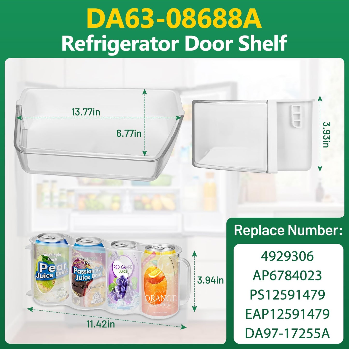 𝑵𝒆𝒘 DA63-08688A Refrigerator Door Bin, Refrigerator Door Shelf Right（1 Pack）,Fit for Samsung Door Bin RF265BEAESR RF265BEAESG RF262BEAESR, with Soda Can Organizer, Replacement for DA97-17255A