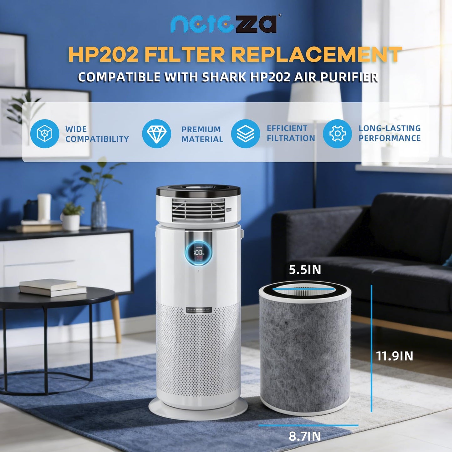 HP302 HP202 Filter Replacement Compatible with Shark HP200 HP201 HP202 HP232 HP301 HP302 AP1000 HC501 HC502 MAX Clean Sense iq Air Purifier filter, Part# HE2FKBASMB,HE2FKBAS,HE2FKPET,HE2FKPRO,1 Pack