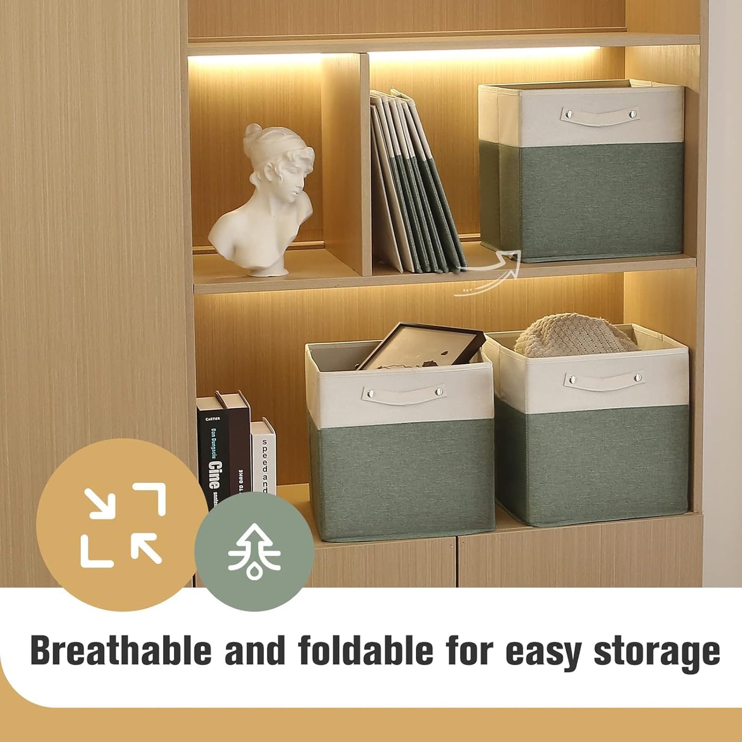 FinishingBo 13 x 13 Inch Fine Linen Storage Bins with Handles，Fabric Cube Boxs，Basket Organizers for Shelves for Home, Closet Drawers (White/Green-6 Pack)