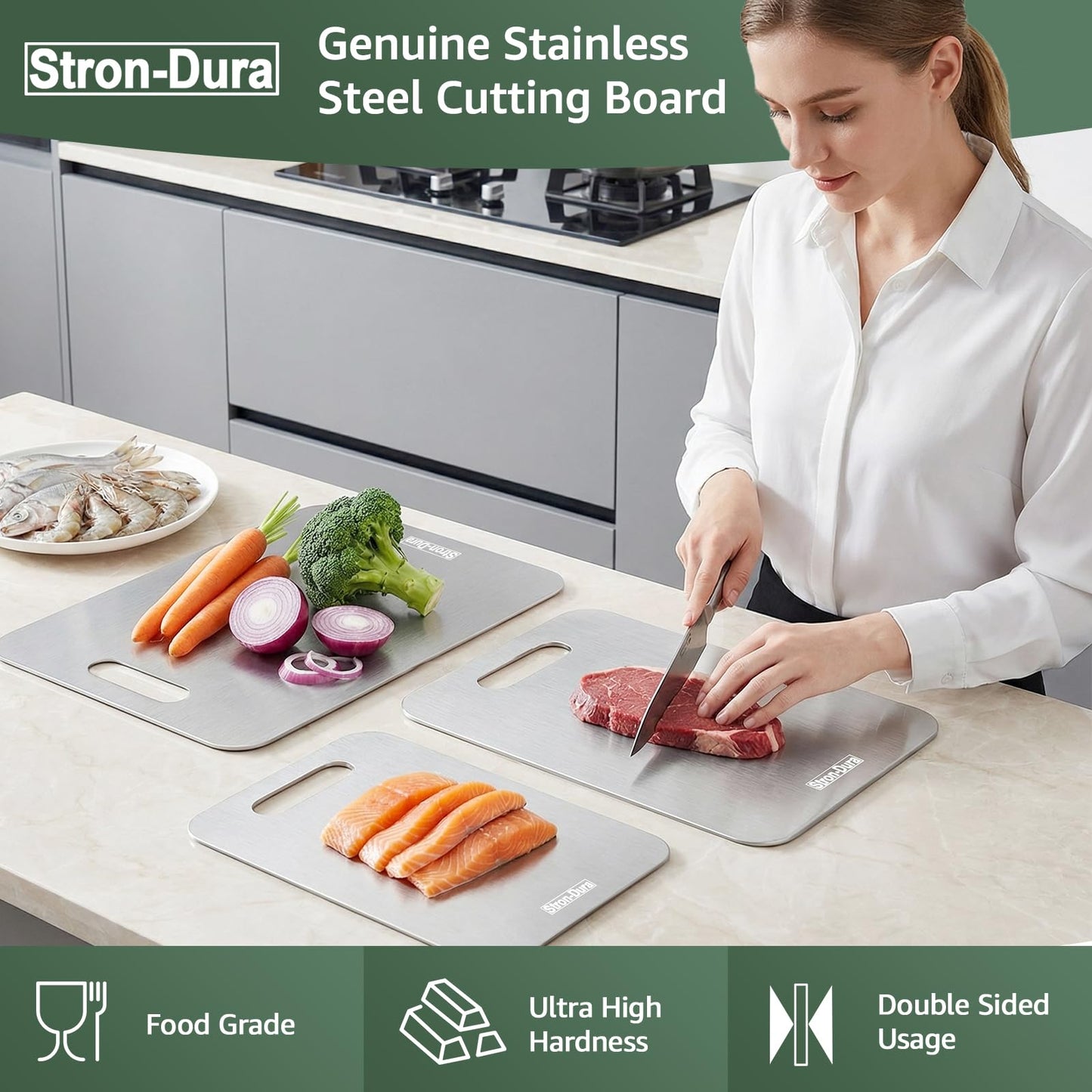 Stron-Dura Cutting Board, Stainless Steel Cutting Board, Foodgrade Cutting Boards for Kitchen, Titanium Cutting Board for Meat,Fruit, Vegetables, Double Side Use, Odor free, L, 15" *11"