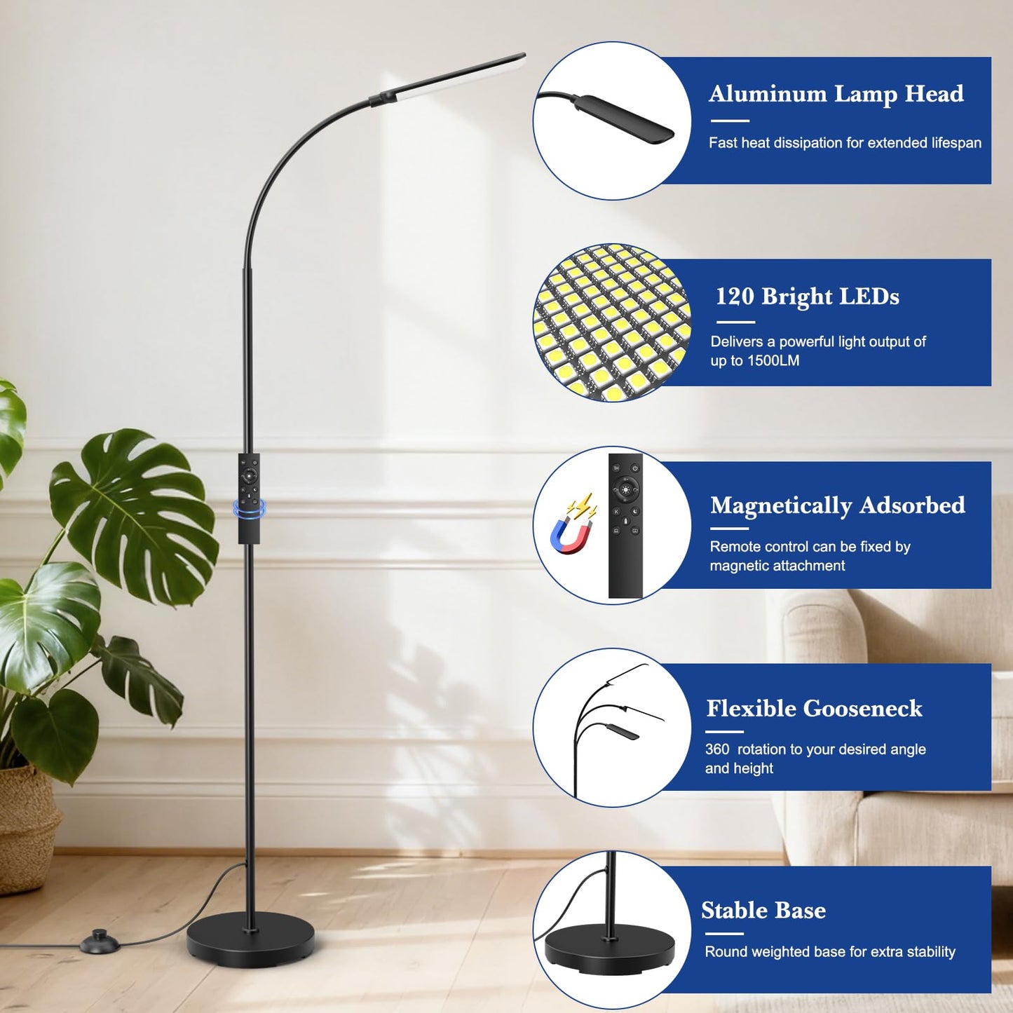 Floor Lamp, LED Floor Lamp with Remote Control Foot Switch for Living Room, Stepless Adjustable Colour Temperature Brightness Standing Lamp with Timer, Eye Caring Tall Lamp Reading for Bedroom,office