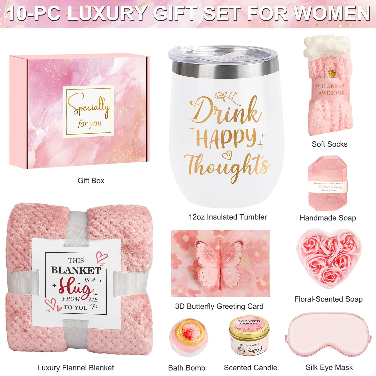 Birthday Gifts for Women Graduation Gifts for Her, Unique Self Care Package Get Well Soon Basket Rose Relaxing Spa Kit with Flannel Blanket Tumbler, Happy Christmas Box for Friend Mom Sister Wife