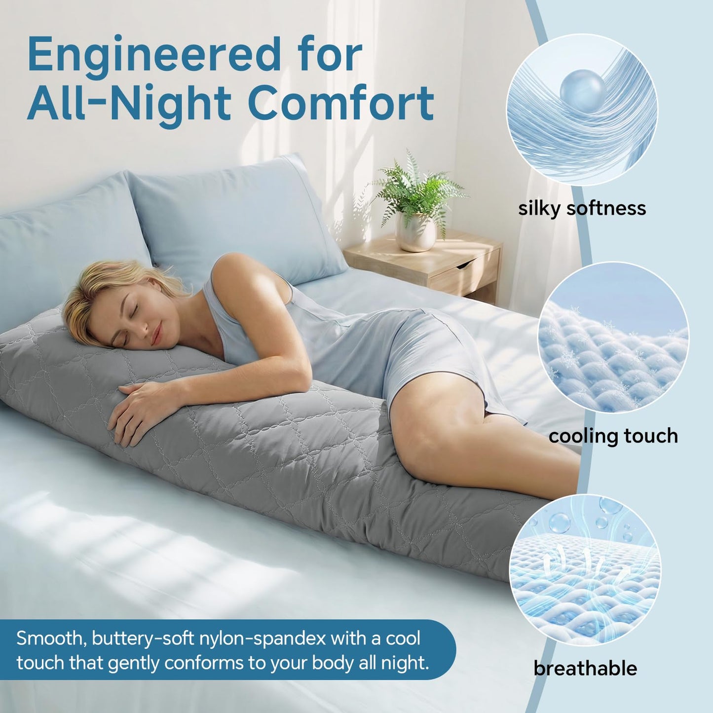 BEDELITE Cooling Body Pillow for Adults, Creative Ultra Soft Cool-Touch Quilted Nylon-Spandex Body Pillow Cover, Adjustable Memory Foam Long Pillow for Side Sleepers, Pregnancy & Back Pain(Light Grey)