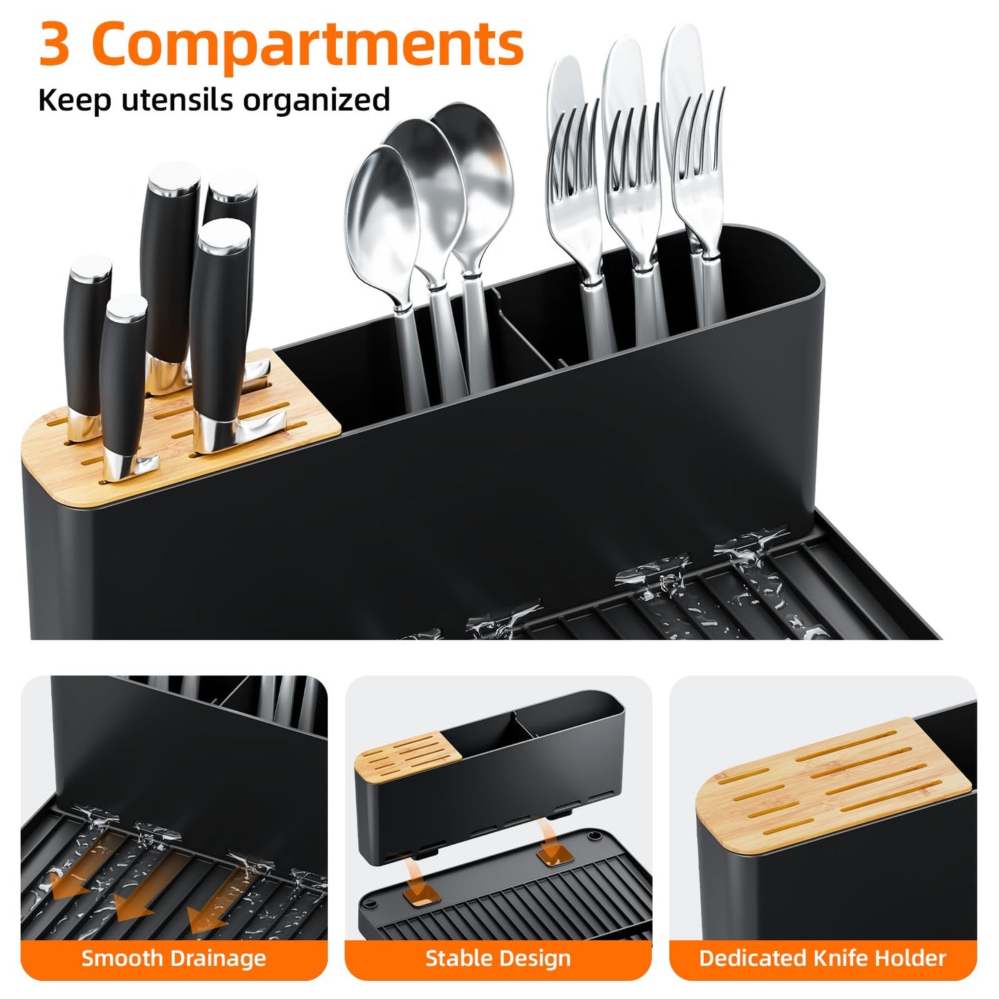 Urackify Large Dish Drying Rack, Expandable Dish Racks for Kitchen Counter, Multifunctional Dish Drainer with Utensil Holder & Cup Holder, 18.5"-26.7" L x 12.7" W, Black