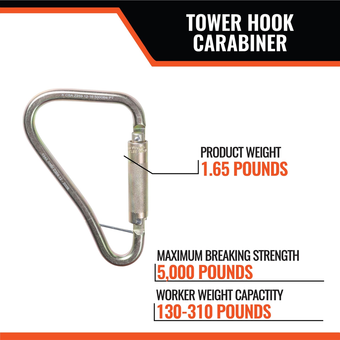 Malta Dynamics Fall Protection Carabiner Clip, High Strength Professional Grade, OSHA/ANSI Compliant (Large Tower Hook, 1 Pack)