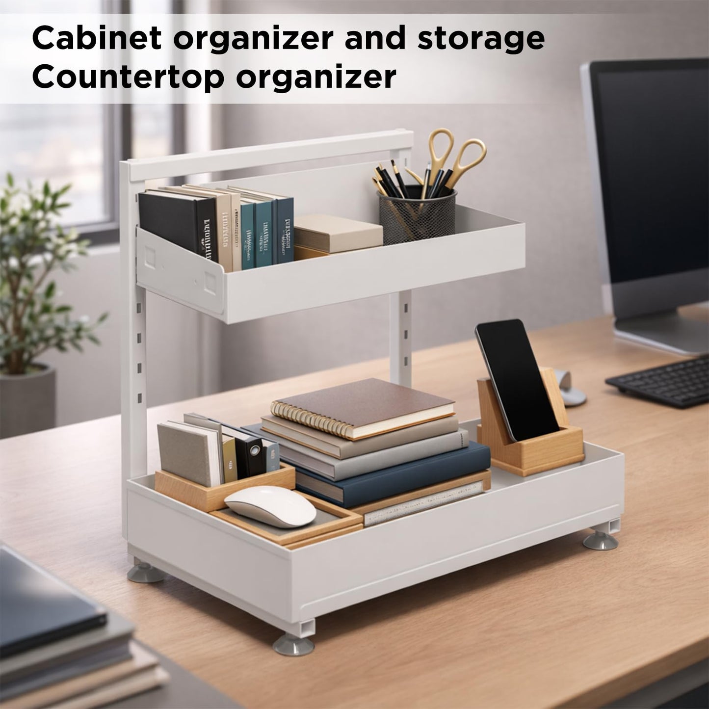 Kovryx Under Sink Organizer Bathroom Kitchen: 2 Pack 2 Tier Metal Under Cabinet Storage with Height-adjustable Shelf and Pull out Rack for Pantry Vanity Cupboard Counter Countertop, White
