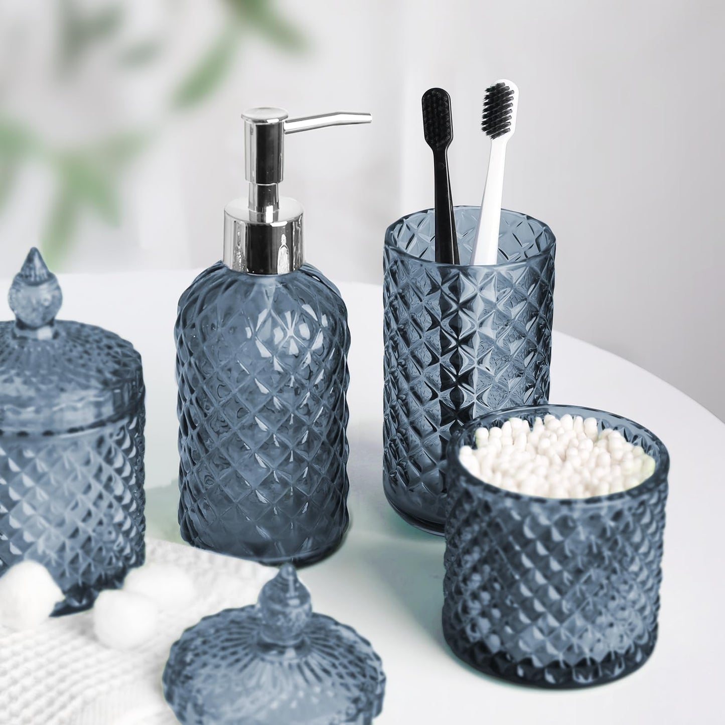 RYTOXILO Blue Bathroom Accessories Set, 4 Pack Light Blue Bathroom Decor Accessory Sets Complete, Diamond Glass Soap Dispenser and Toothbrush Holder Set for Bath Counter Organizer Essentials
