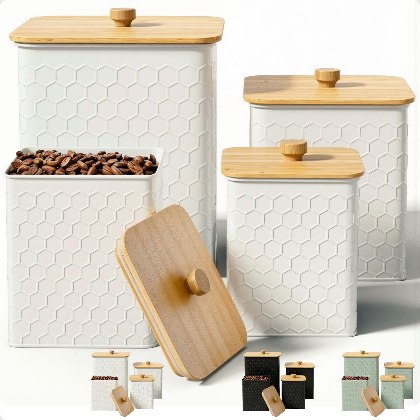 Kitchen Canisters for Countertop Set of 4 - Textured Iron Kitchen Canisters with Airtight Lids - Flour Sugar Canister Set - Flour and Sugar Containers Farmhouse - Coffee Jar for Counter - White Jar x4