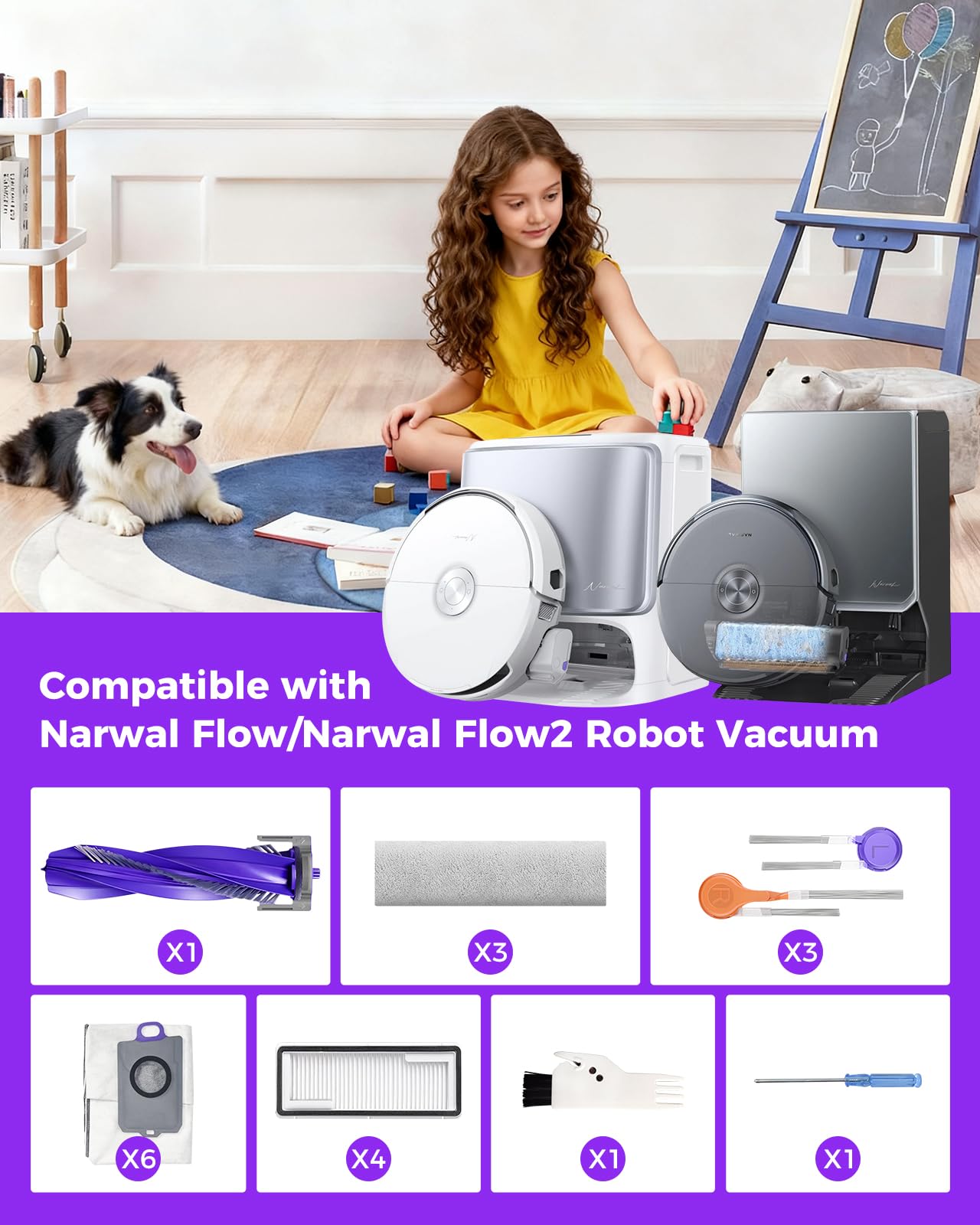 Yivy 22pcs Accessory Kit for NARWAL FLOW Robot Vacuum Cleaner, Replacement Set Compatible with Narwal Flow: 3 Track Mop Pads,1 Main Brush, 8 Side Brushes, 4 HEPA Filters, 6 Dust Bags,1 Cleaning Brush