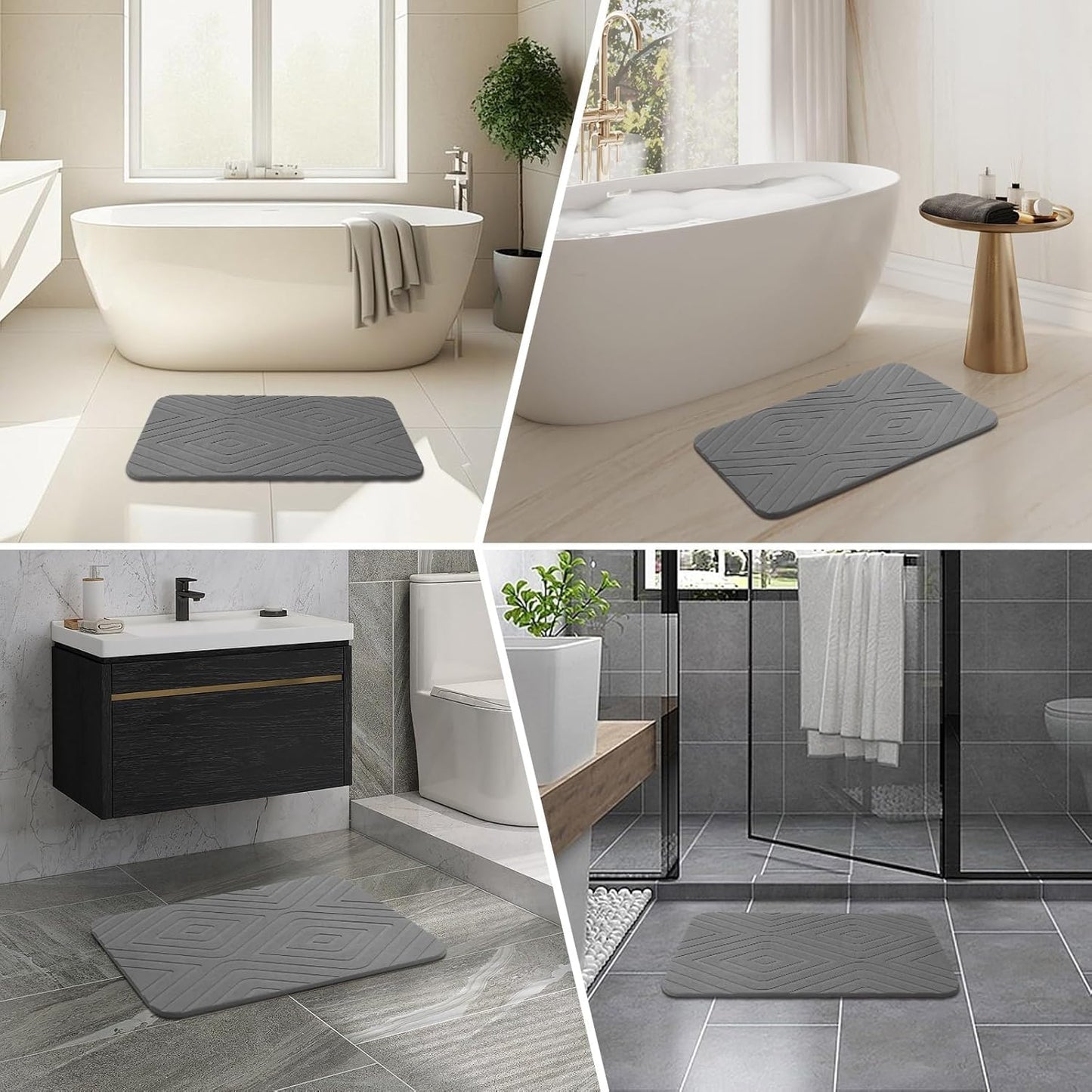 HUMIGA 2 Pack Stone Bath Mat, Diatomaceous Earth Shower Mat, Non-Slip Super Absorbent Quick Drying Bathroom Kitchen Floor Mat, 24x15, Grey