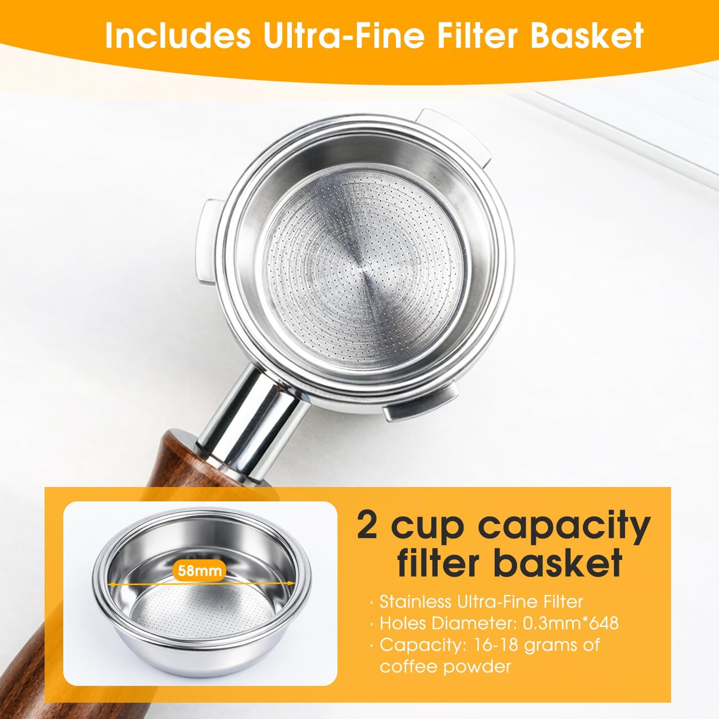 KUCHZUBE 58mm Portafilter 3 Ears with Double Spout Compatible with CASABREWS 5700 Series, Neutron Pro, Ultra and 4700Gense and Other 58mm Portafilter with Three Prongs Thickness 4.9mm | Wooden Handle