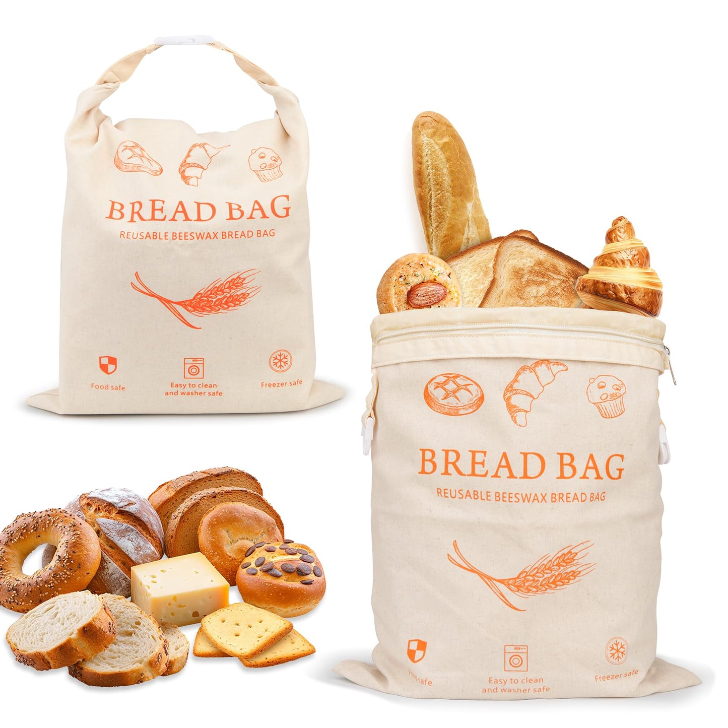 HOYEEFOU 2-Pack Reusable Beeswax Bread Bags for Homemade Bread & Sourdough,Eco-Friendly Bread Storage with Zipper Seal, Freshness Keeping & Freezer Safe, 17"x13" Linen Bags, Bakery Essentials