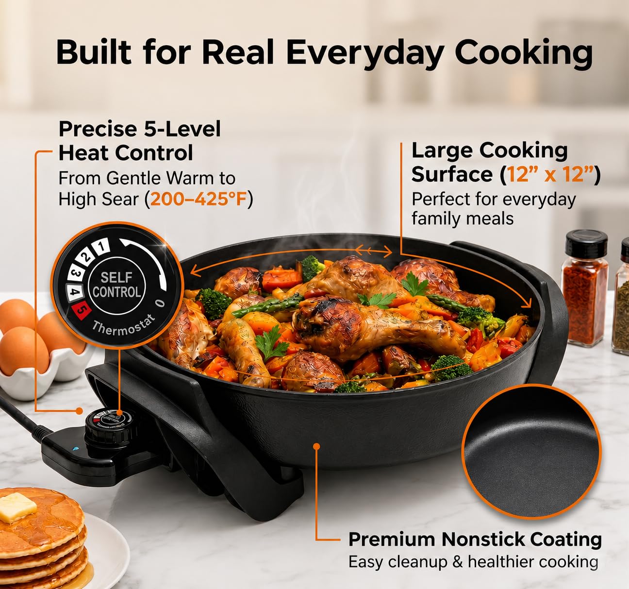 Moss & Stone Round Electric Skillet with Lid – 12x12 Inch Aluminum Nonstick Electric Frying Pan 5Qt, Adjustable Temperature Control, Vented Glass Lid, Dishwasher Safe, Heat-Resistant Handles